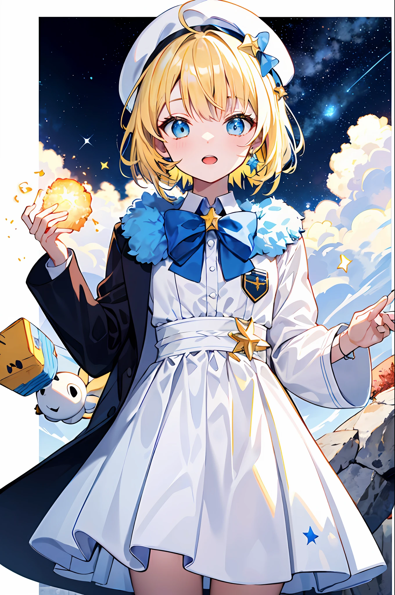 Yellow-haired,white dresses,eBlue eyes,star accessories,Blue bow tie,white beret(It has a blue bow on it),starryskybackground,meteors,4K,poster for,charactor,English