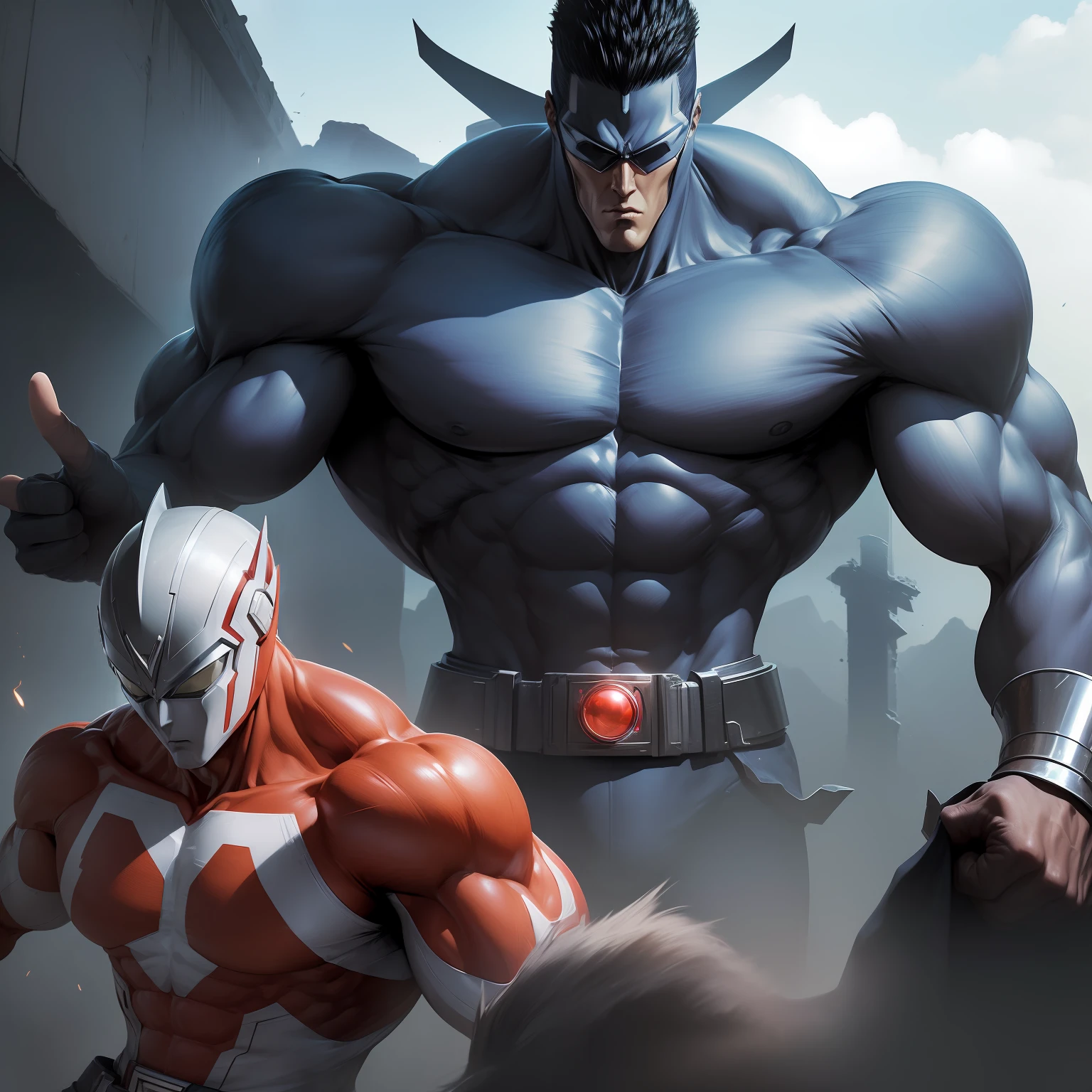 (obra-prima, qualidade soberba, Super delicado, alta resolução), Foco masculino, (((Novo Ultraman))), ((without muscles))), (Your head is tuned in the middle, Its body is made of red and silver, your arms are simplified, ele parece alto e magro, The overall shape is streamlined and modern), ((He placed his right hand near his head in a triangular shape, and his left hand clenched his fist in an elevated position above him))), posando para fotos, high angle, Noite escura, ruins of the city, detalhes de fundo, (((corpo inteiro))), (((Sense of grandeur)), ((Toguro))