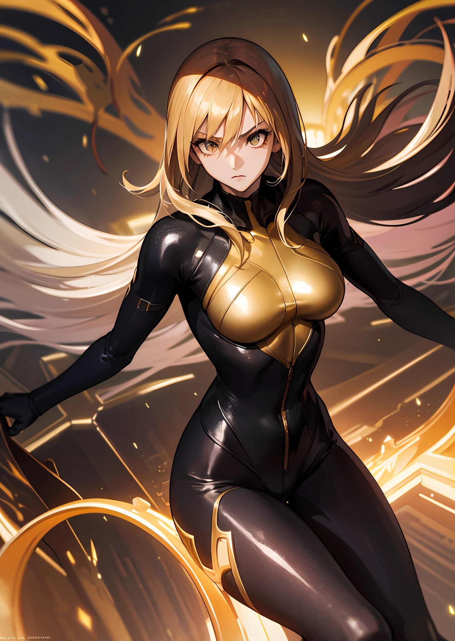 (masutepiece), Best Quality, High resolution, Ultra-detailed, Vivid texture, Stand up to the powerful, A tight bodysuit that emphasizes her gorgeous figure, Dynamic lighting, golden colored/Black contrast, cinematic view, intense emotion, Immersive experience, timeless beauty, Breathtaking.