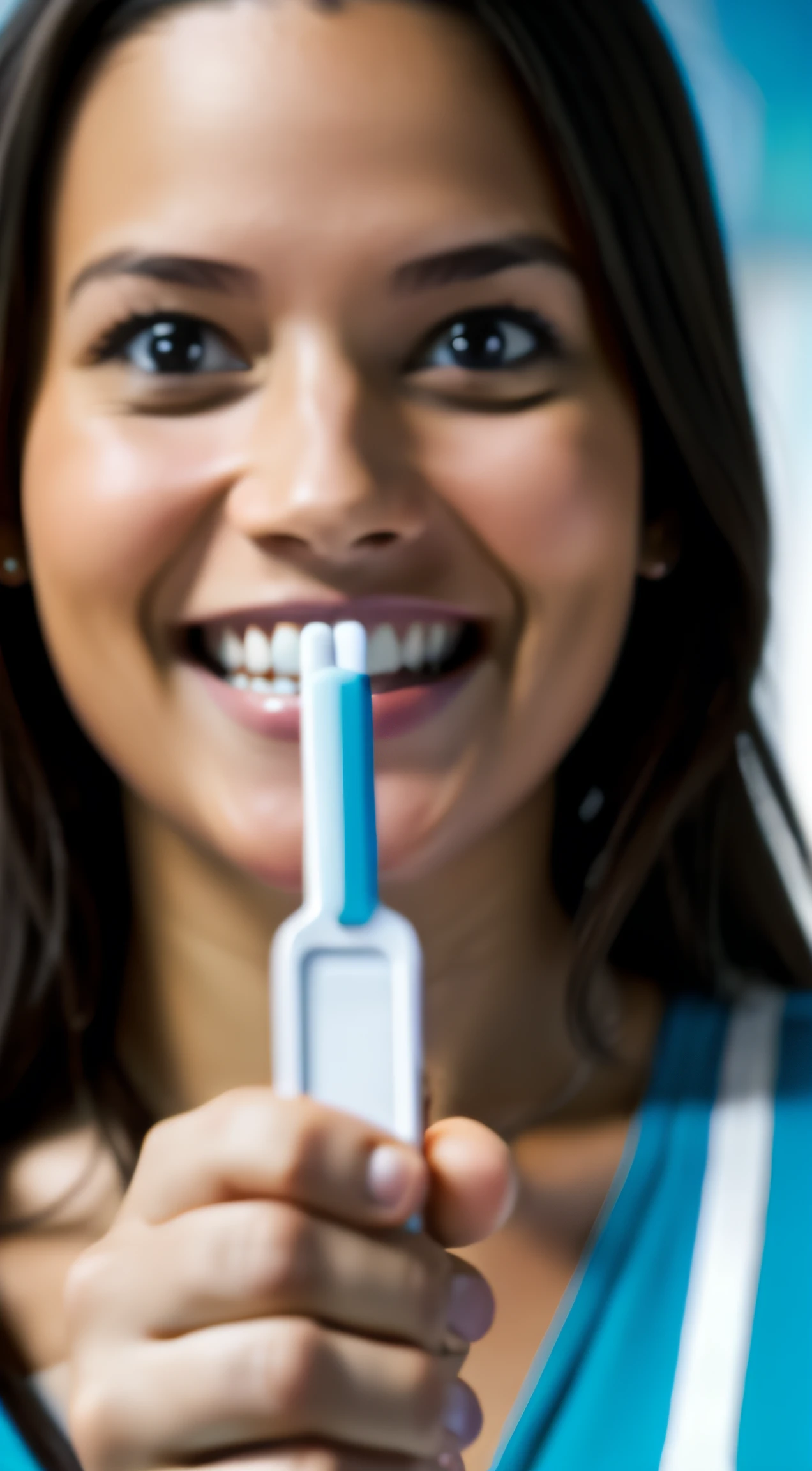 A girl hold pregnancy test with happy face
