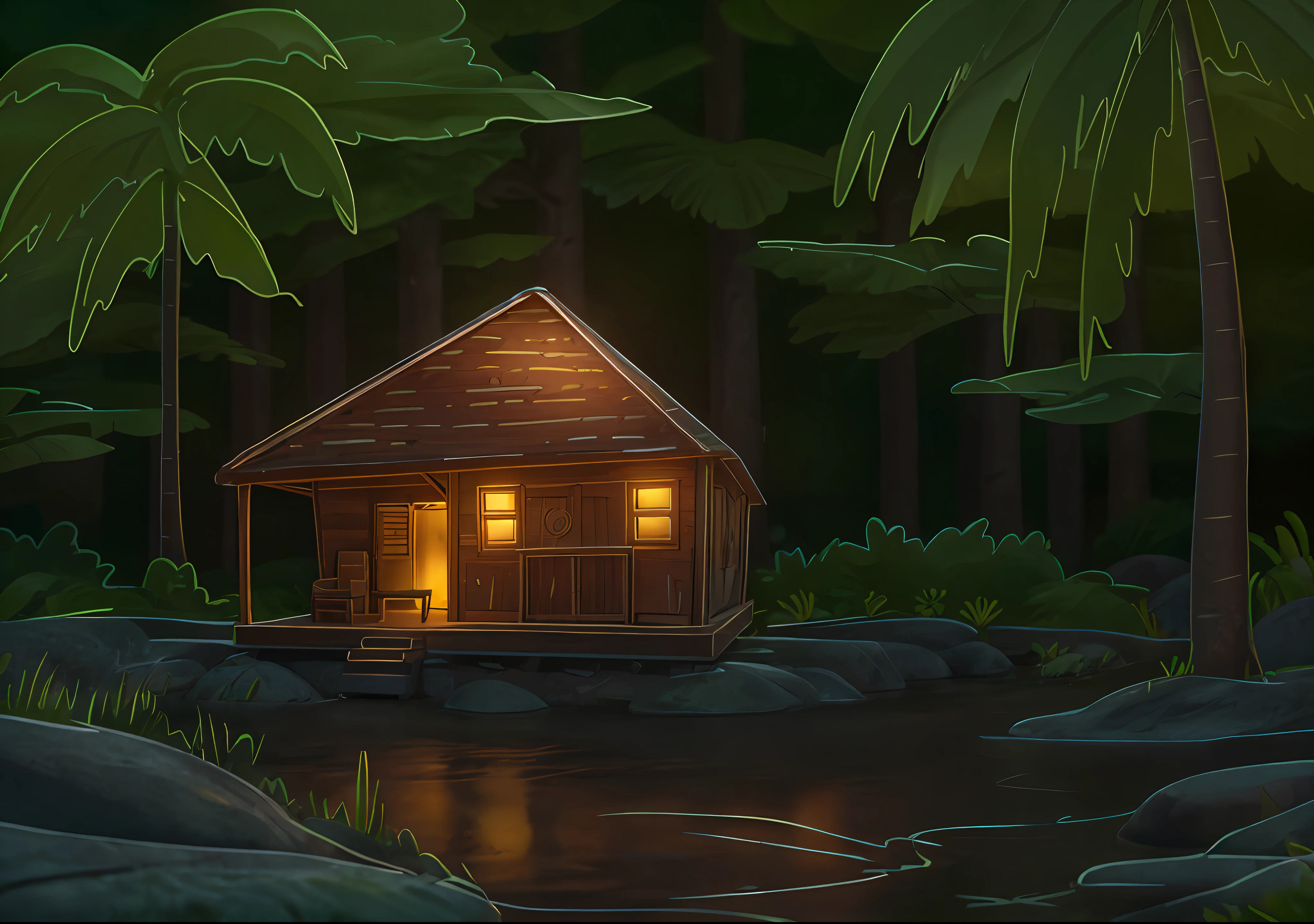 A cozy Pixar style chalet cute in Sima de Pedras as a base, in a forest. Hanging with a beautiful waterfall in the background The style of the illustration is inspired by Pixar and Disney animations, adorable and charming backdrops. The forest is lush and full of detail, with tall trees, vibrant foliage, motion blur, glowing light, vignetting, cinematic lighting, depth of field, ray tracing, reflection light, backlighting, film grain, depth of field, cinematic lighting, glowing light, god rays, ray tracing, film grain, vignetting, super detail, high quality, 16k, textured skin, UHD, UHD, 16k, HD, high quality,  best quality, high details, super detail,