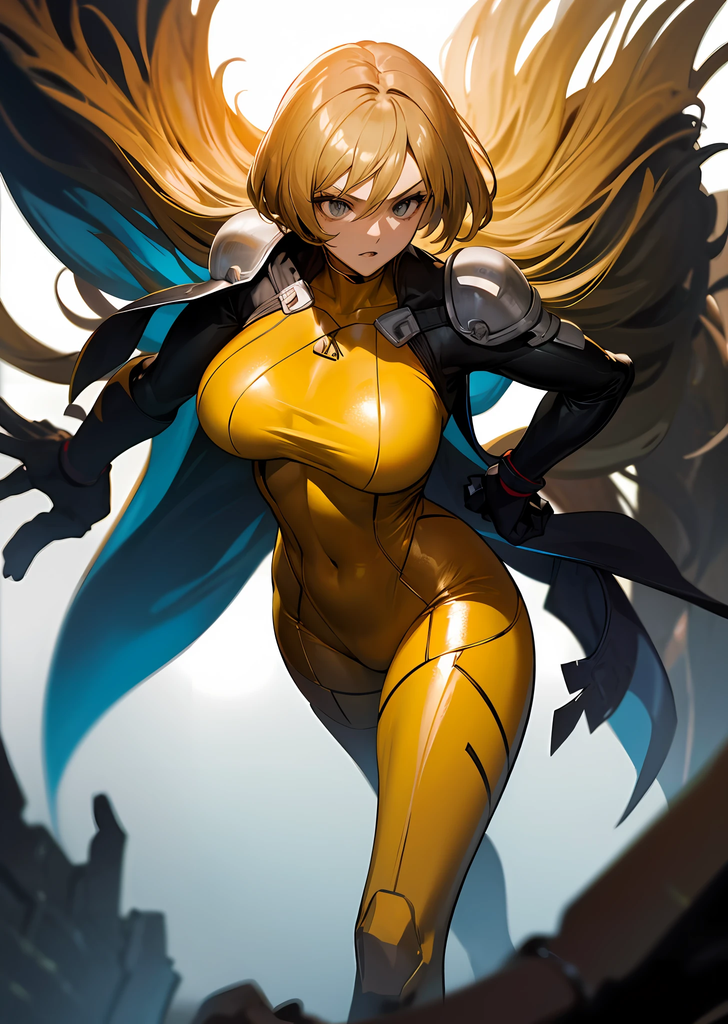 (masutepiece), Best Quality, High resolution, Ultra-detailed, Vivid texture, Stand up to the powerful, A tight bodysuit that emphasizes her gorgeous figure, Dynamic lighting, golden colored/Black contrast, cinematic view, intense emotion, Immersive experience, timeless beauty, Breathtaking.