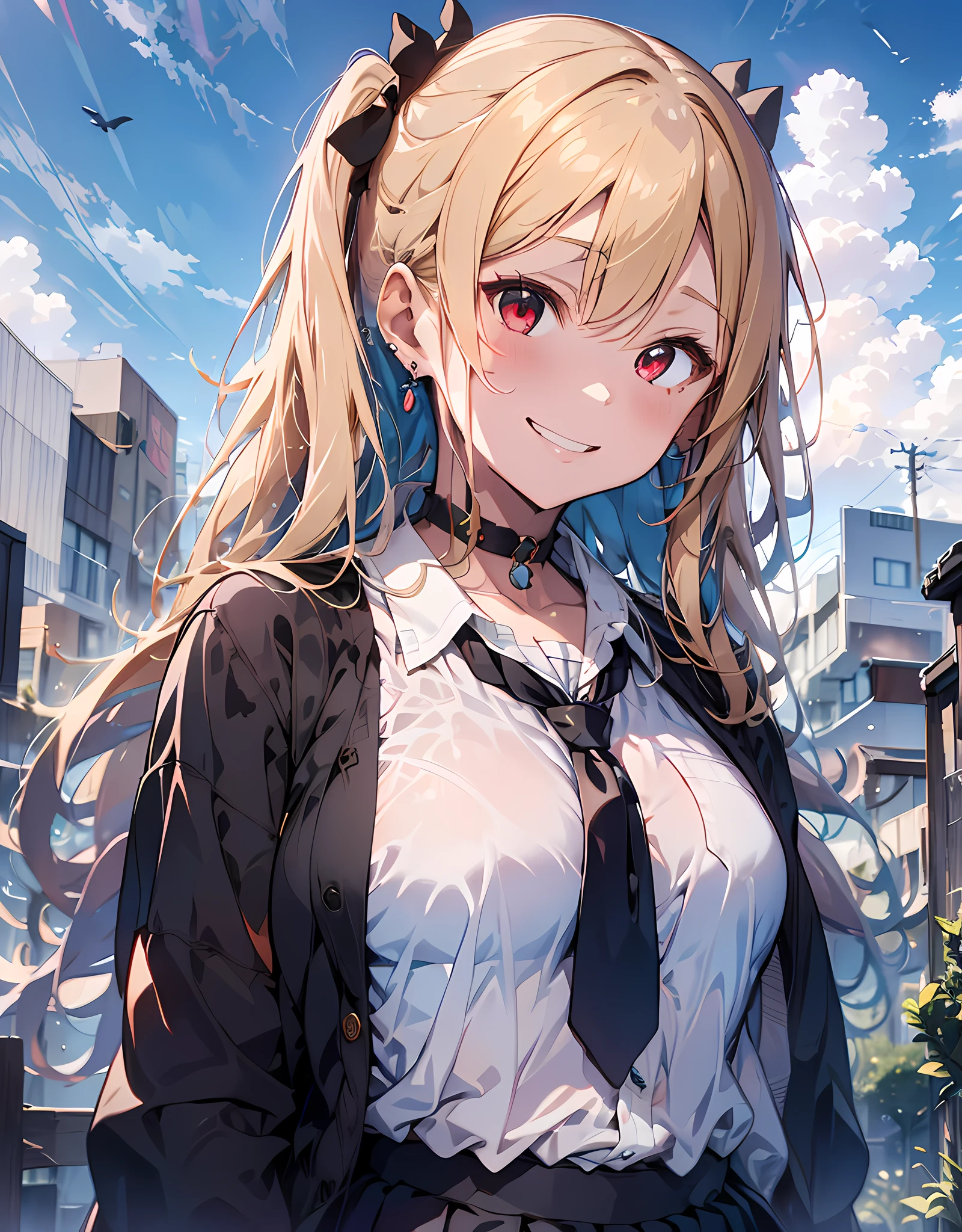 masterpiece, best quality, highres, Japanese school girl, 1girl, blonde hair, long hair, multicolored hair, pony-tail hair style, red eyes, jewelry, earrings, piercing, school uniform, white shirt, tied shirt, black choker, blue necktie, plaid skirt, grin, smile, standing, cowboy shot, outdoors, arms behind back, hands behind on hip, detailed human hands, HDTV:1.2, school room background,