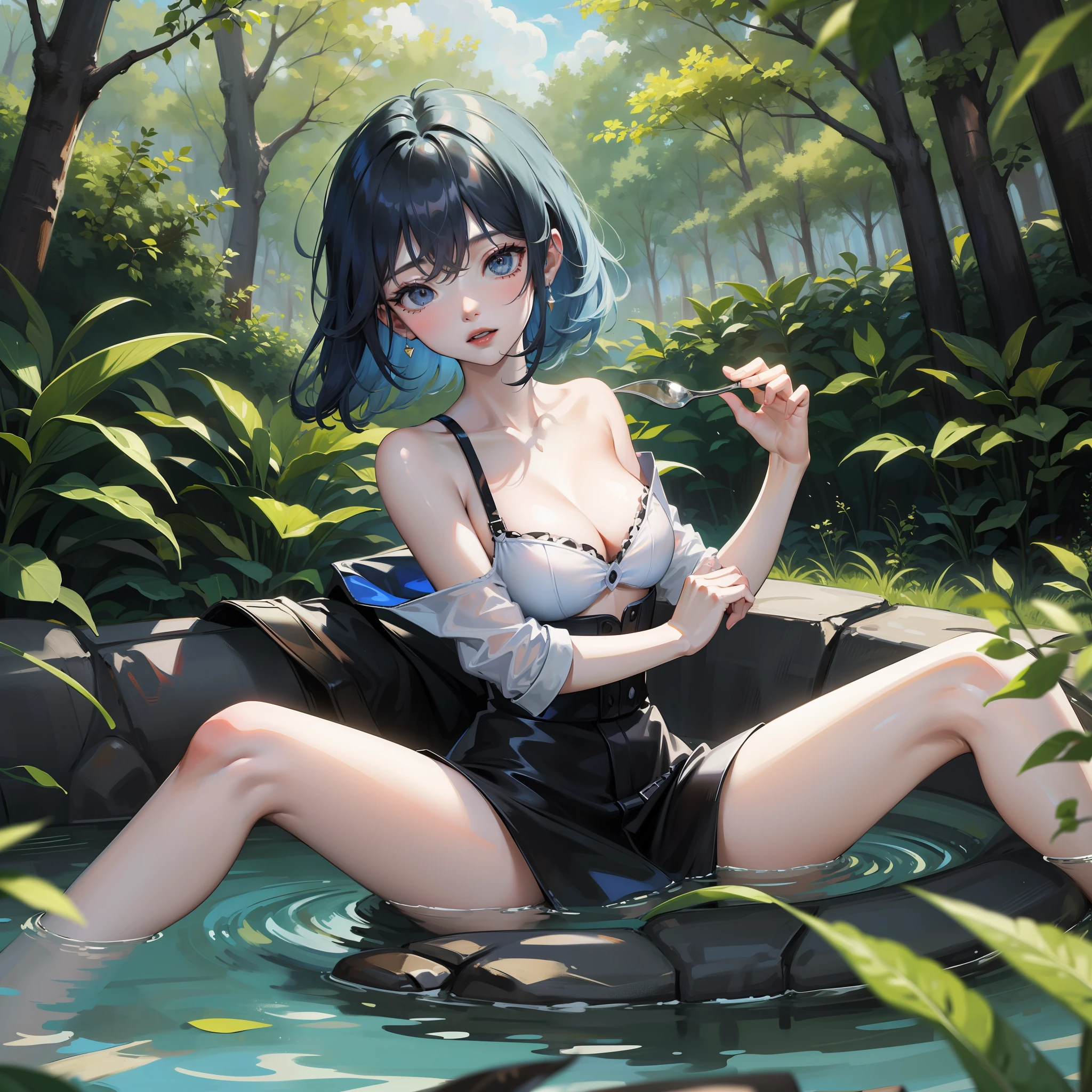 highres, masterpiece, blue hair, black eye, 18 yo, 1 girl, medium breast, cute, beautiful, forest, lake, cloudy, sexy