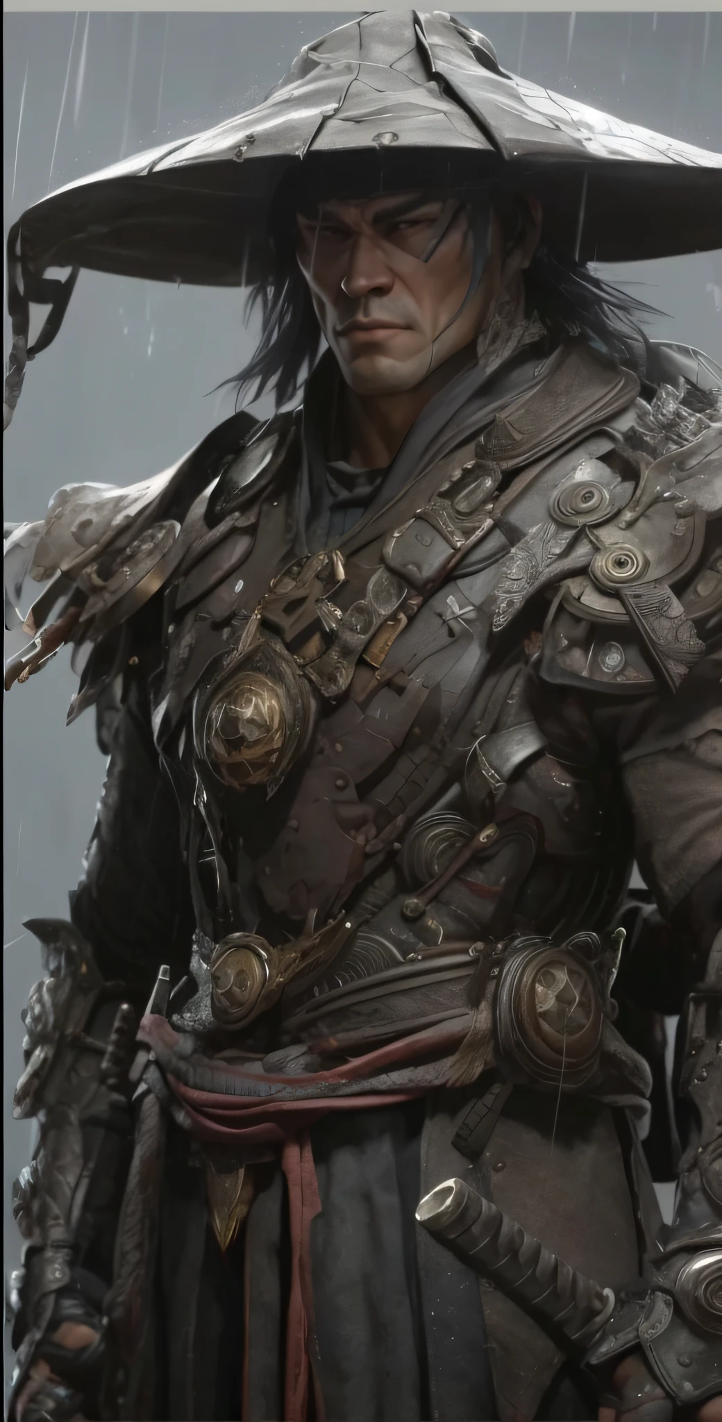 a closeup of a person wearing a hat and holding a sword, photogenic details on armor, detalhes intrincados da armadura, Chengwei Pan em ArtStation, 4K fantasia detalhe, cinematic detail, inspirado por Li Gonglin, inspirado por Li Kan, Directed by: Zhang Han, great level of detail, detailed cinematic render, armadura detalhada, Amazing 8K character concept art