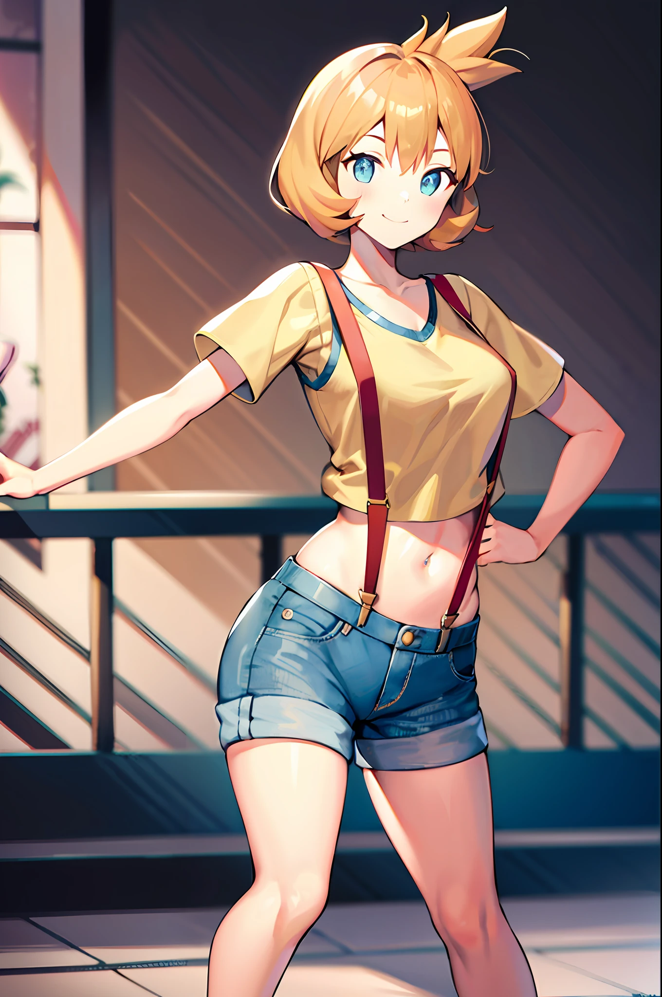 Best Quality, masutepiece,  mistymature, 1girl in, Solo, lightsmile, Looking at Viewer, Denim shorts, croptop, Yellow shirt, suspenders,