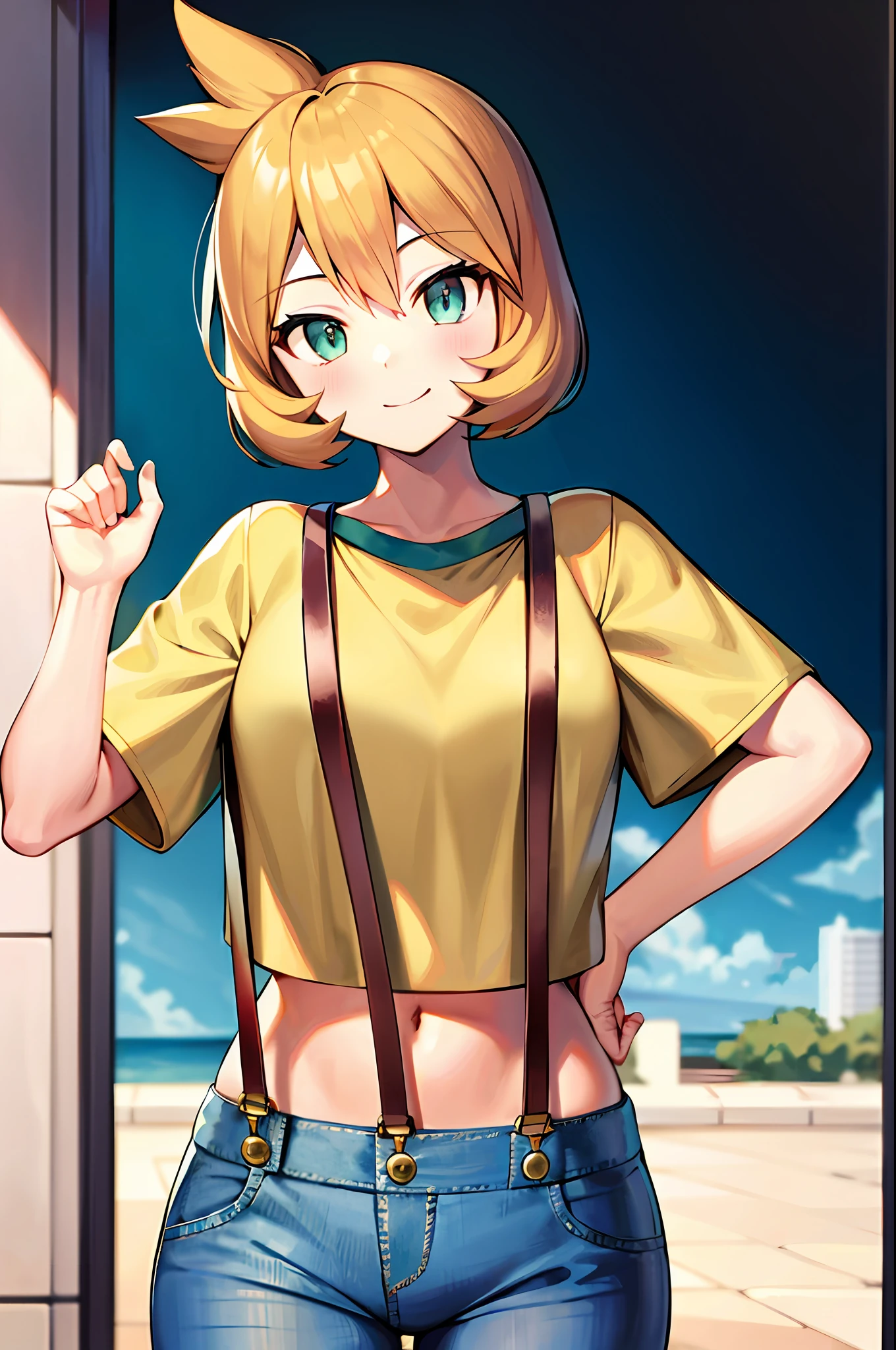 Best Quality, masutepiece, mistymature, 1girl in, Solo, lightsmile, Looking at Viewer, Denim shorts, croptop, Yellow shirt, suspenders,