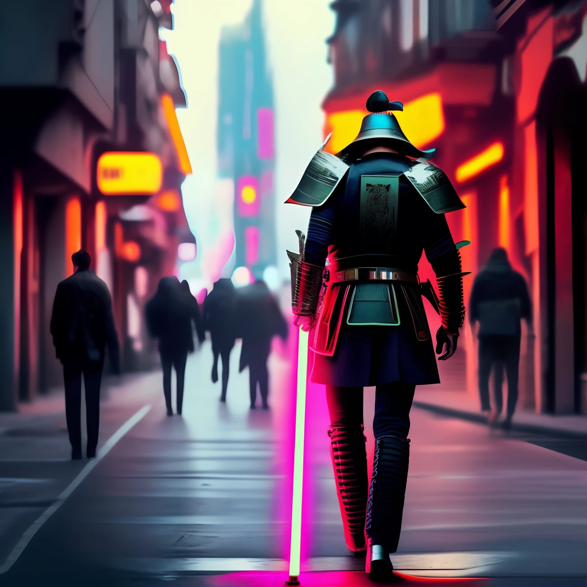 Samurai in armor strolling in neon street with lightsaber
Ultra-Real Cyberpunk