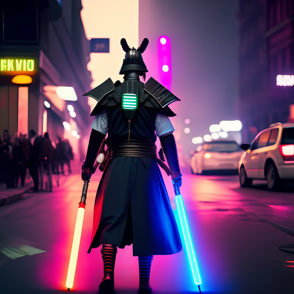 Samurai in armor strolling in neon street with lightsaber
Ultra-Real Cyberpunk