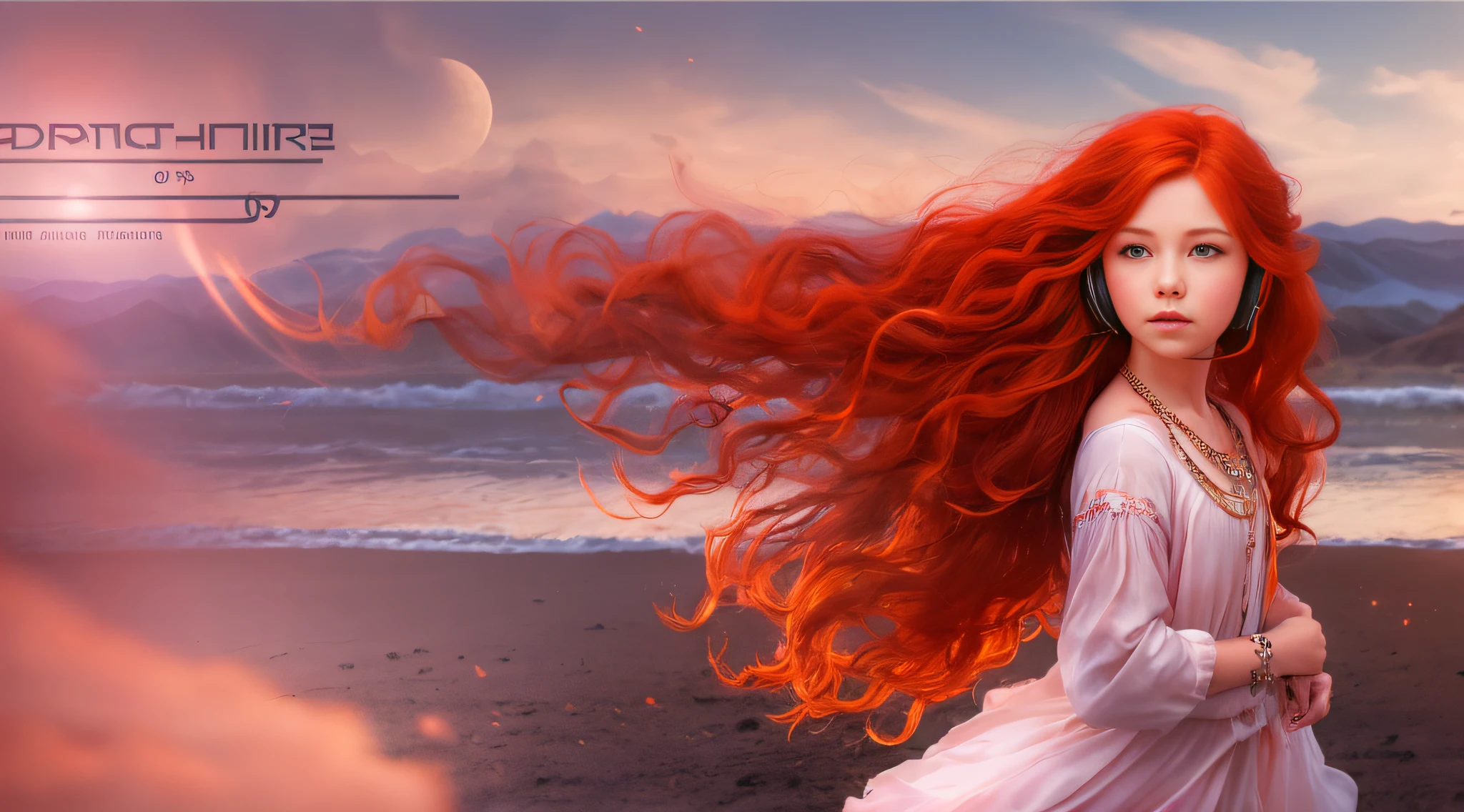 girl CHILD 10 years old, PORTRAIT STYLE, with headphones holding a Pink Floyd album, The Dark Side of the Moon, with red hair and jewelry posing for a photo, very long wavy fiery red hair, orange skin and long burning hair, long curly red hair, bright long red hair, long stream of red hair,  fiery red hair, big wavy red hair, red hair and attractive features, red curly hair, flowing orange hair, very long flowing red hair, flowing red hair