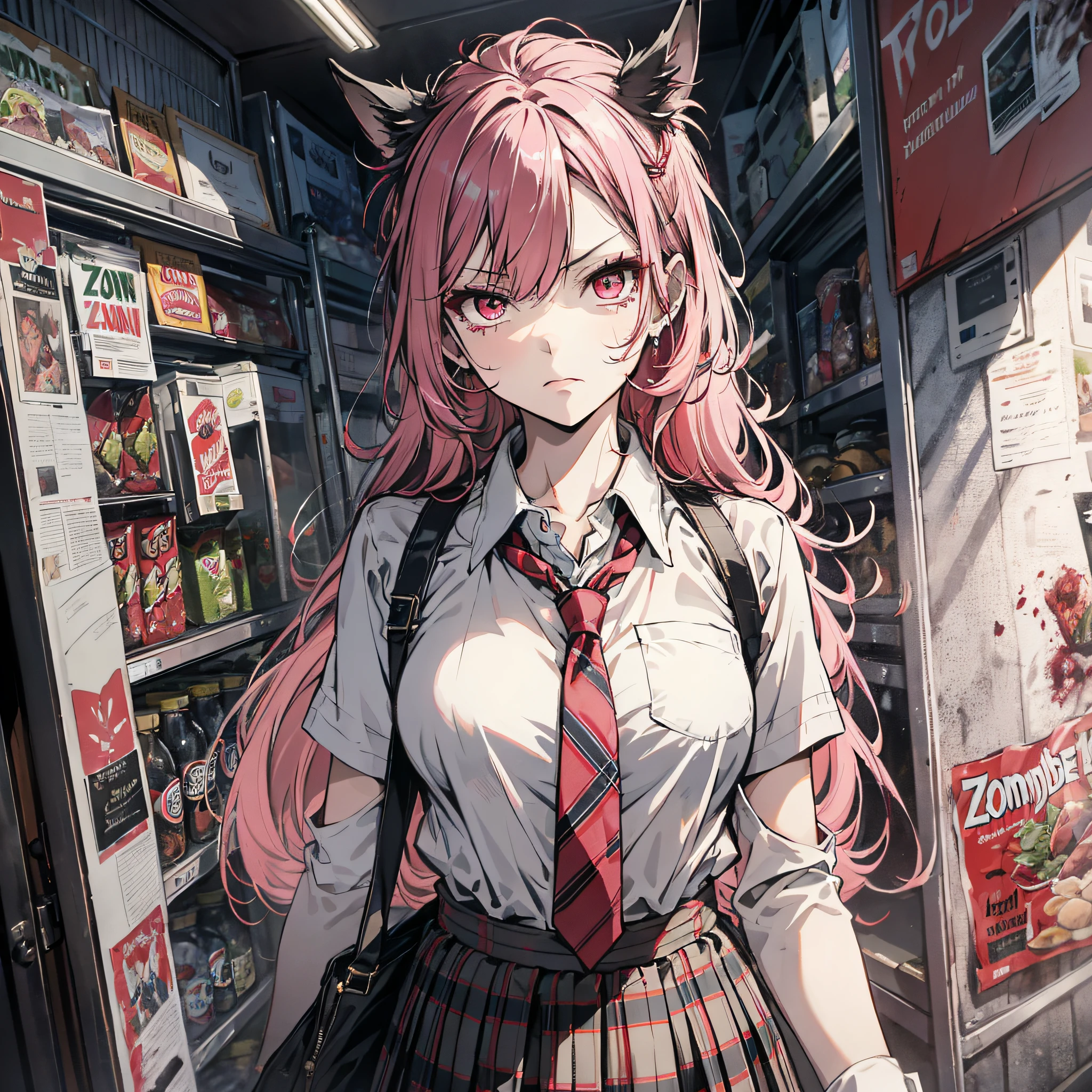 Ridiculous resolution，A high resolution，（tmasterpiece：1.4），Hyper-detailing，Pink Long Hair, 1girll, dual horsetail, Solo, red color eyes, Angry,  white necktie, Pleated plaid red skirt, school uniform, Zombie role-playing，supermarket，Zombie Doom，Zombie outbreak