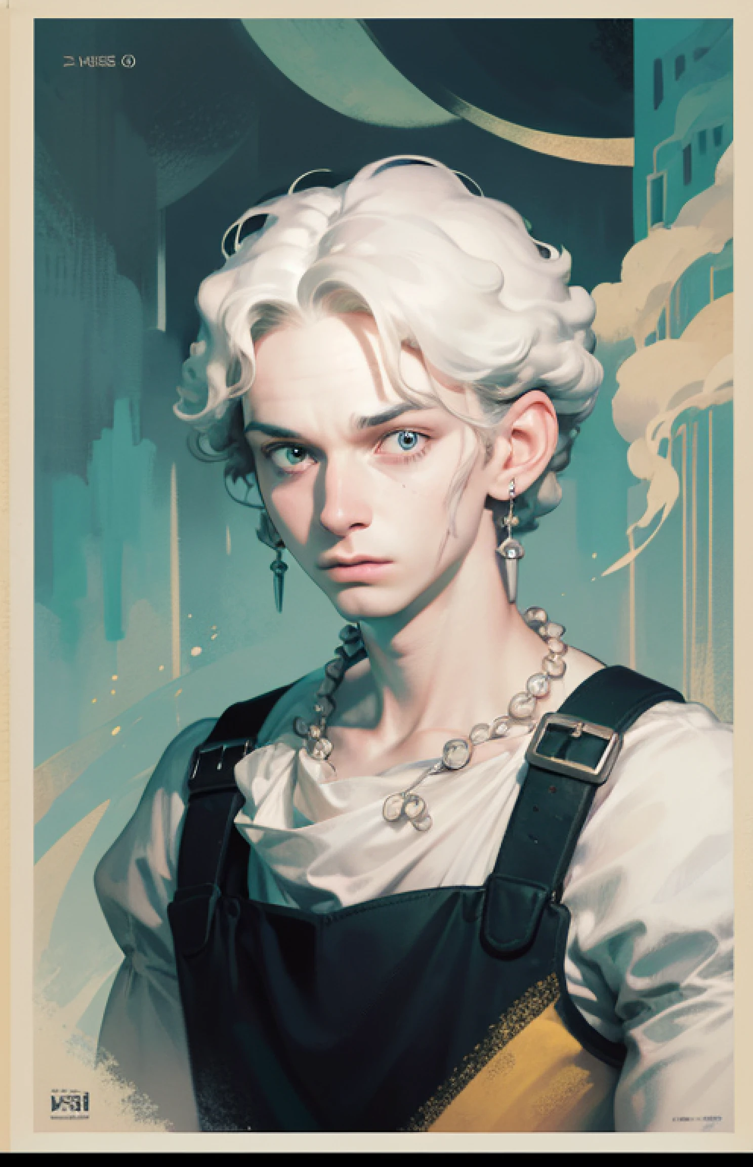 Retro illustration、Retro Movie Posters、Romance movie poster、masterpiece, (absurdres:1.1), best quality, extremely delicate, (beautiful face:1.1), elegant, (great composition), bags under eyes, (dark:1.3), depressed, expressionless, white skin, white hair, (empty eyes:1.2), short hair, (realistic:1.1), 1man,、Upper body illustration、