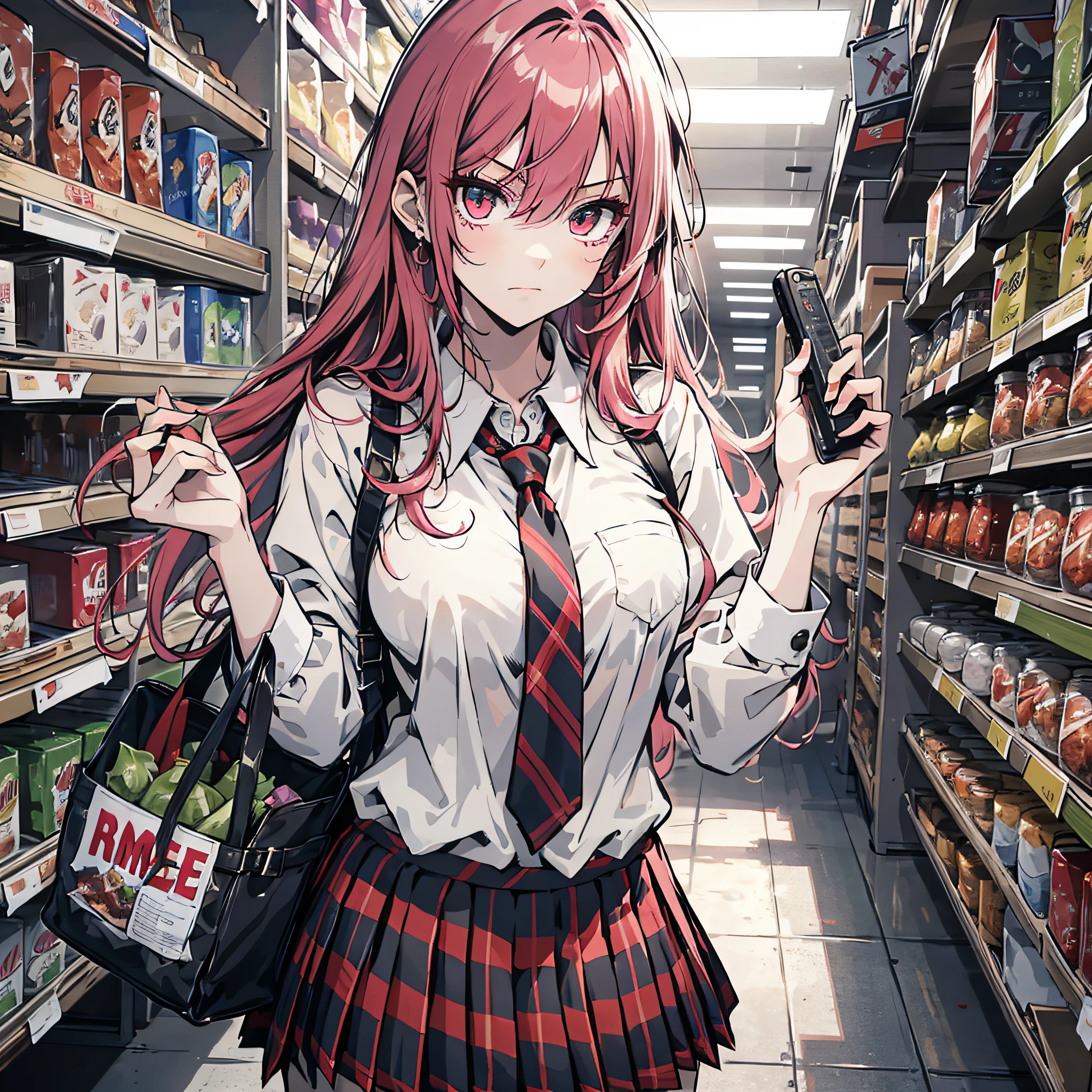 Ridiculous resolution，A high resolution，（tmasterpiece：1.4），Hyper-detailing，Pink Long Hair, 1girll, dual horsetail, Solo, red color eyes, Angry,  white necktie, Pleated plaid red skirt, school uniform, Zombie role-playing，supermarket，Zombie Doom，Zombie outbreak