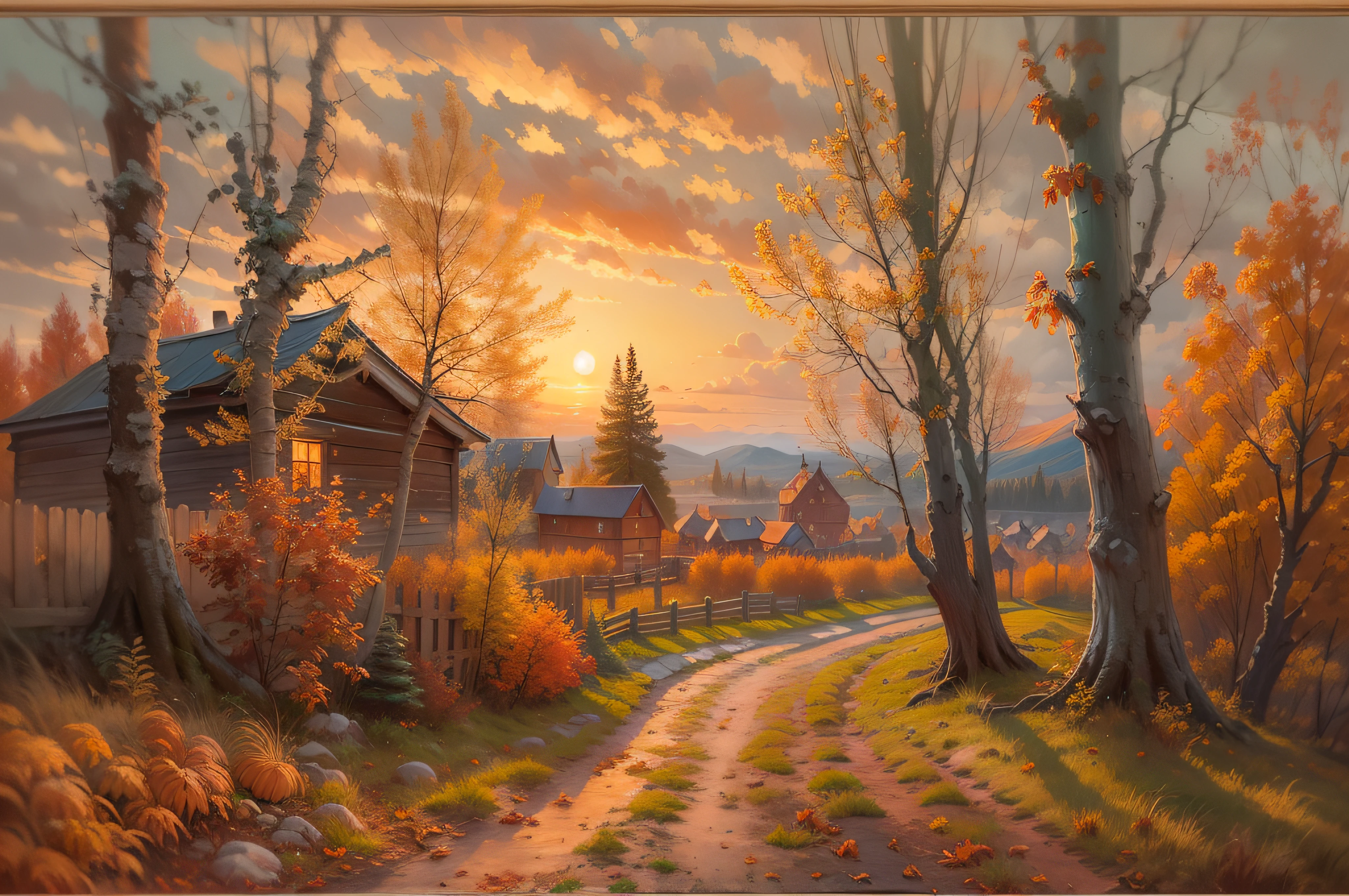 Autumn in the Russian village, Russian landscape, evening, oil painting