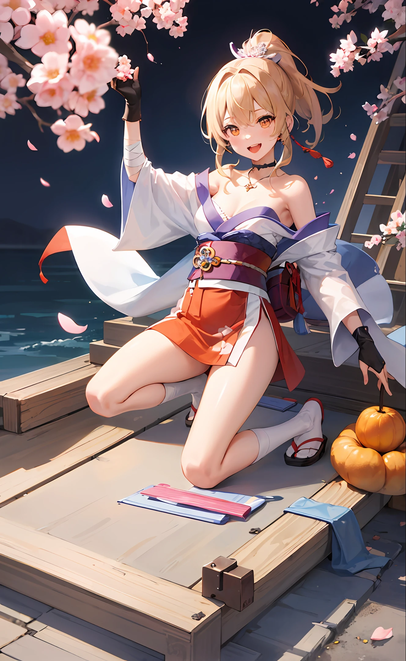 Masterpiece, Best quality, A high resolution, 1girll, Blonde hair, Medium hair, Asymmetrical hair, Floating hair, hair between eye, High ponytail, side locks, hair adornments, fish hair ornament, nipple tassels, kanzashi, bangs, Orange eyes, Open mouth, Smile, teeth, Upper teeth only, choker necklace, red necklace, pendant choker, butterfly choker, 鎖骨, tattoo, chest tattoo, flower tattoo, cleavage, Medium breasts, Thighs, Bandages, bandaged leg, Arashi, Budget Arashi, chest sarashi, black sash, hadanugi dousa, houkisei, Japanese clothes, komono, Kinchaku, Obi, Obiage, obijime, orange kimono, pouch, print kimono, Cord, sash, shimenawa, Short kimono, Single bare shoulder, visions (Genshin Impact), east asian architecture, Cherry blossoms, Single glove, Single fingerless gloves, arms cuffs, Kneeling,Stick out her tongue,
