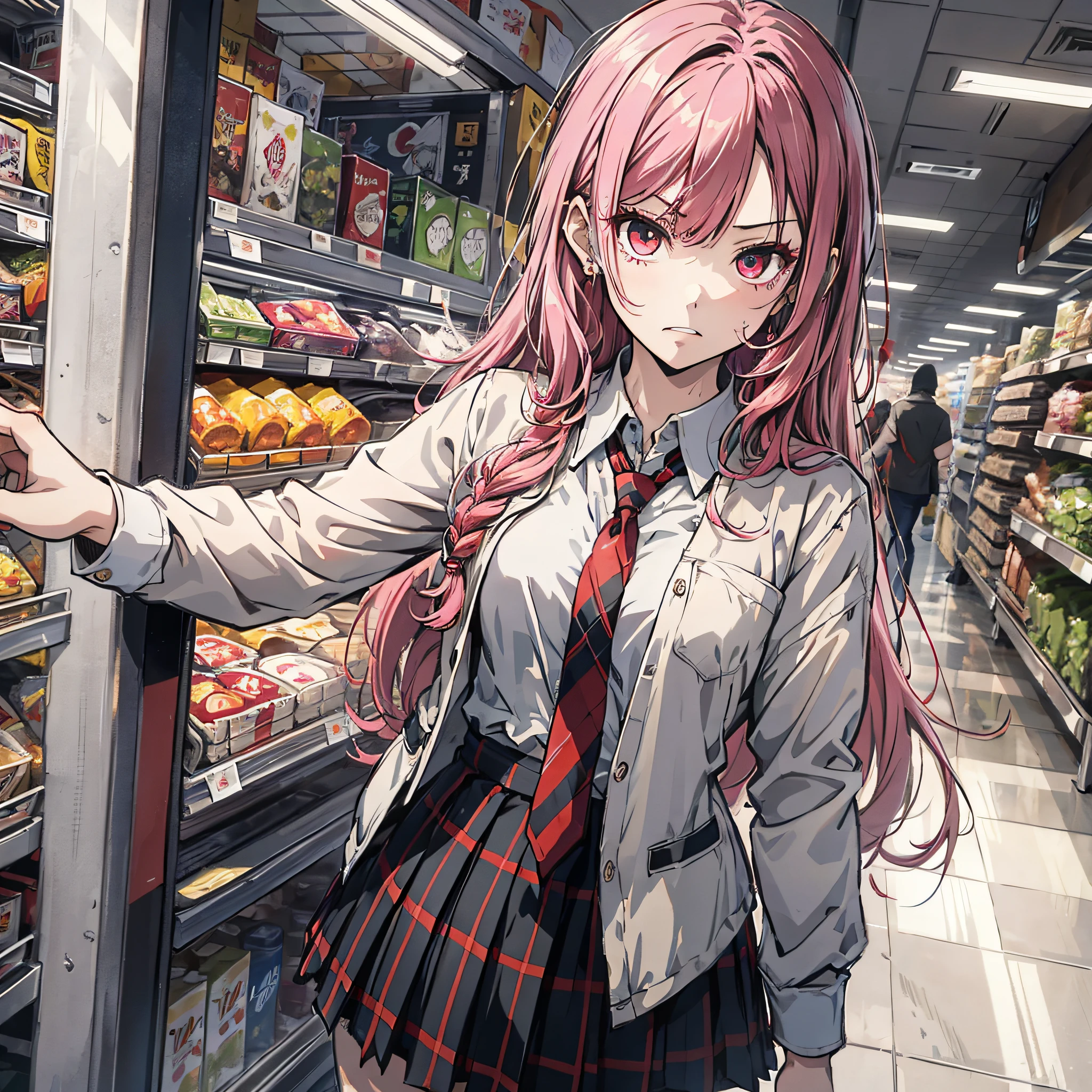 Ridiculous resolution，A high resolution，（tmasterpiece：1.4），Hyper-detailing，Pink Long Hair, 1girll, dual horsetail, Solo, red color eyes, Angry,  white necktie, Pleated plaid red skirt, school uniform, Zombie role-playing，supermarket，Zombie Doom，Zombie outbreak