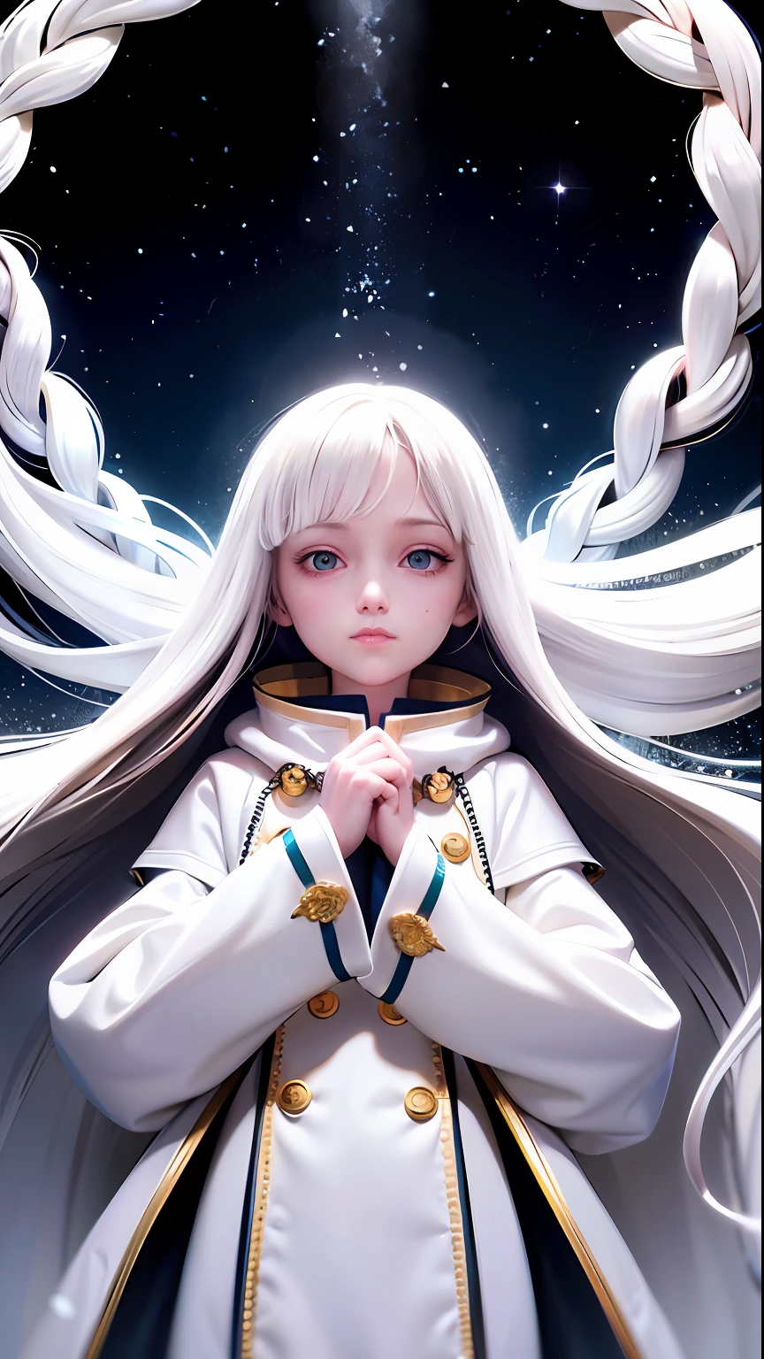 Manteau blanc，white skinned，whaite hair，long braid，Golden eyes，Look up，The upper part of the body，Need，tmasterpiece