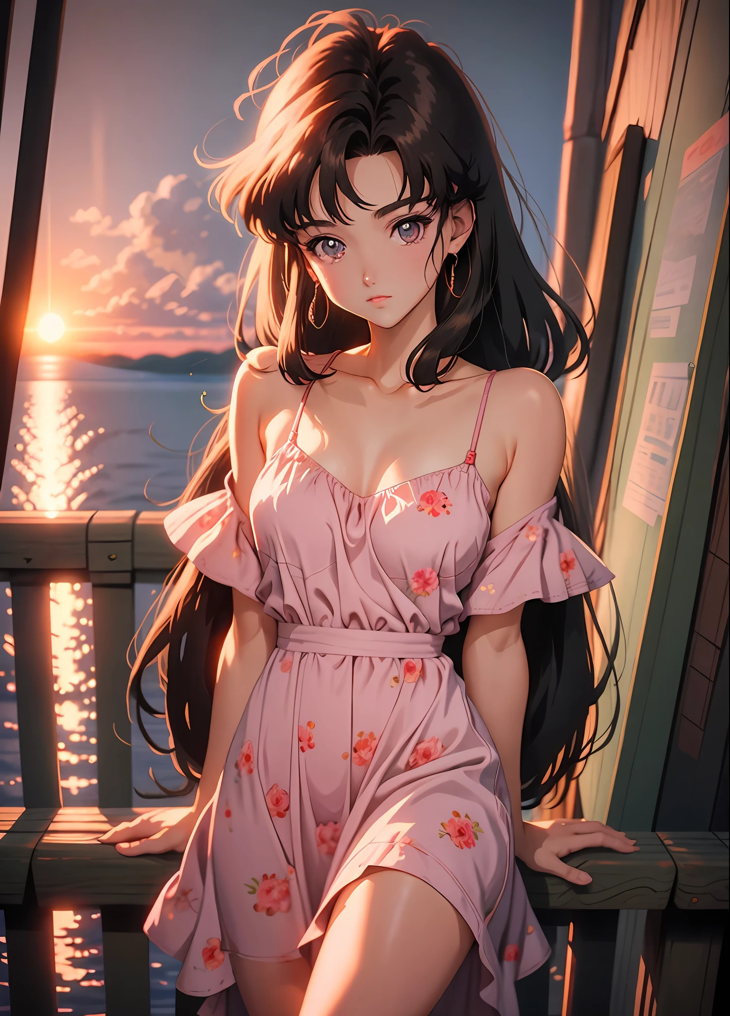 90's anime style，tmasterpiece，best qualityer，highest  quality，realisticlying，perfectanatomy，perfectface，Perfect eyes，Videldbspinkdress，1girll，独奏，brunette color hair，shift dresses，eBlue eyes，shairband，long whitr hair，Pink dress，florals，red hairband，exteriors，lakeside，the sunset