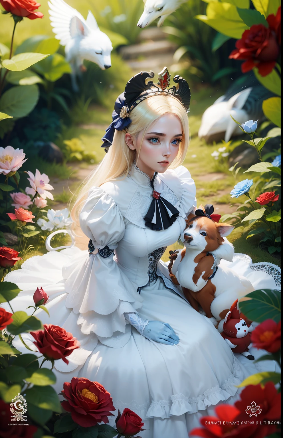 melhor qualidade, Excelente qualidade de imagem, 8k, master part: 1.2, ultra detalhado, garota linda, rosto de porcelana, cabelo blond, olhos azuis, tiara on head, roupa azul clara com rendas brancas, pintura de personagem bonita, animal coelho branco ao lado, animal coelho branco com cartola e roupa vermelha, rosas vermelhas ao redor, fundo com jardim, epic exquisite character art, Detalhes ultra-detalhados da roupa --auto