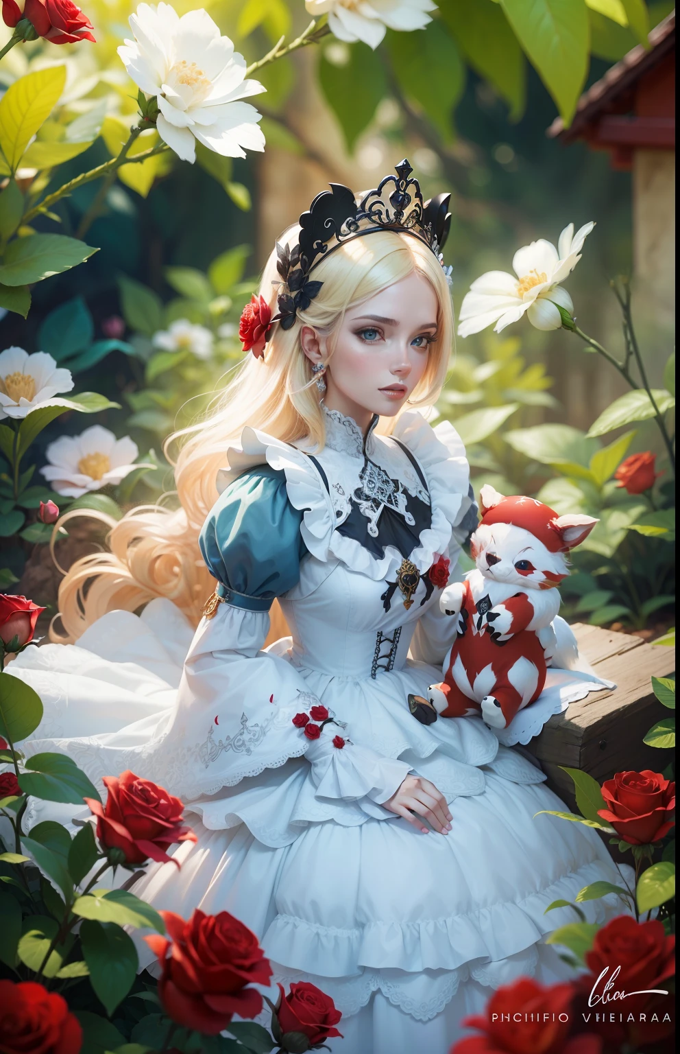 melhor qualidade, Excelente qualidade de imagem, 8k, master part: 1.2, ultra detalhado, garota linda, rosto de porcelana, cabelo blond, olhos azuis, tiara on head, roupa azul clara com rendas brancas, pintura de personagem bonita, animal coelho branco ao lado, animal coelho branco com cartola e roupa vermelha, rosas vermelhas ao redor, fundo com jardim, epic exquisite character art, Detalhes ultra-detalhados da roupa --auto