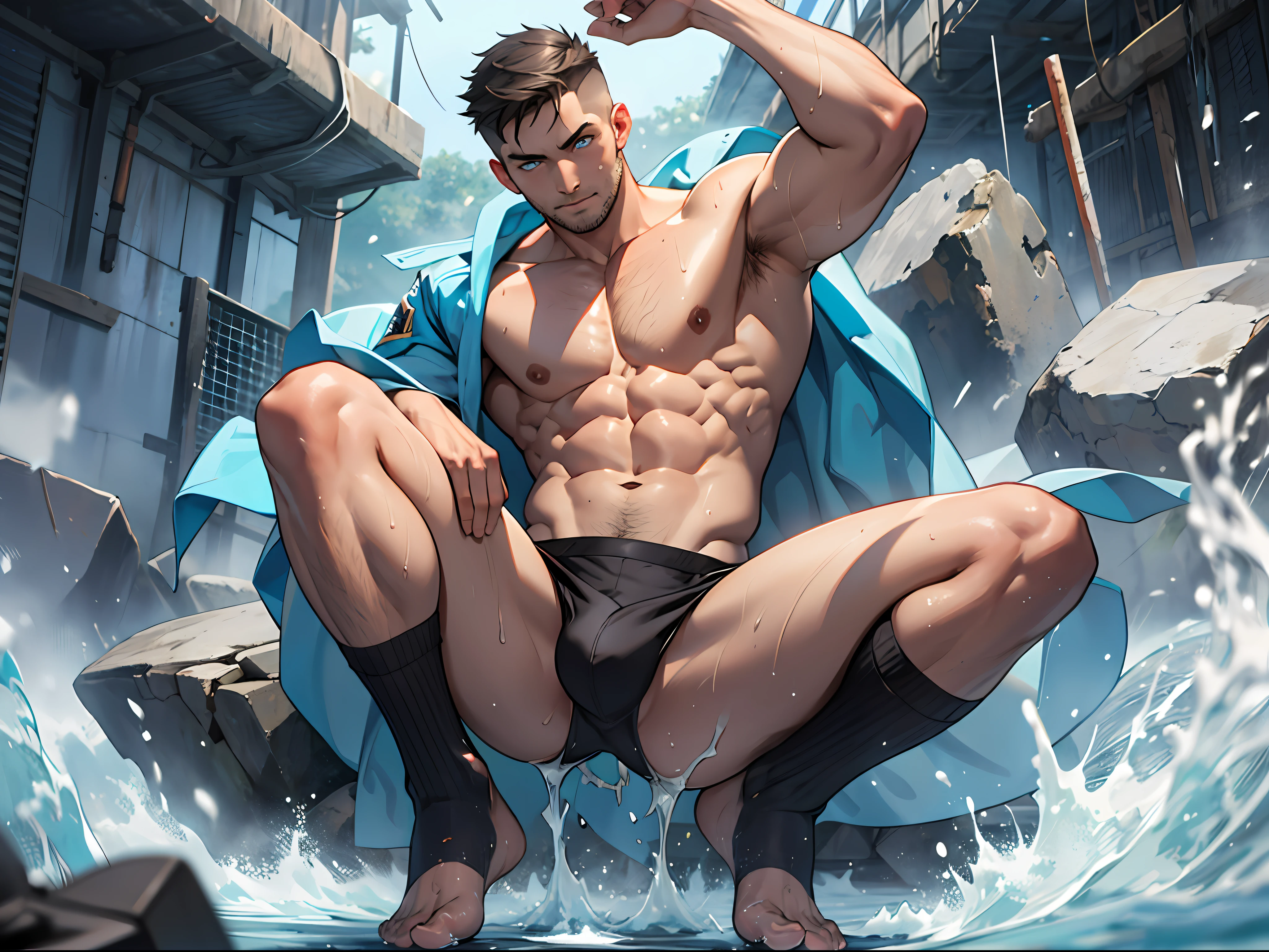 masterpiece, best quality, face, natural eyes, 1man, european, big feet, black socks, (no shoes), full body, naked, large bulge, long legs, looking at viewer, 30 years old, muscled and mature, short haircut, a soldier walking in the battlefield, soldier, battlefield, side face, blue eyes, flush, organism, face covered with white fluids, sweating, tight cloth, erecting, open chest, shirtless, topless, sexy