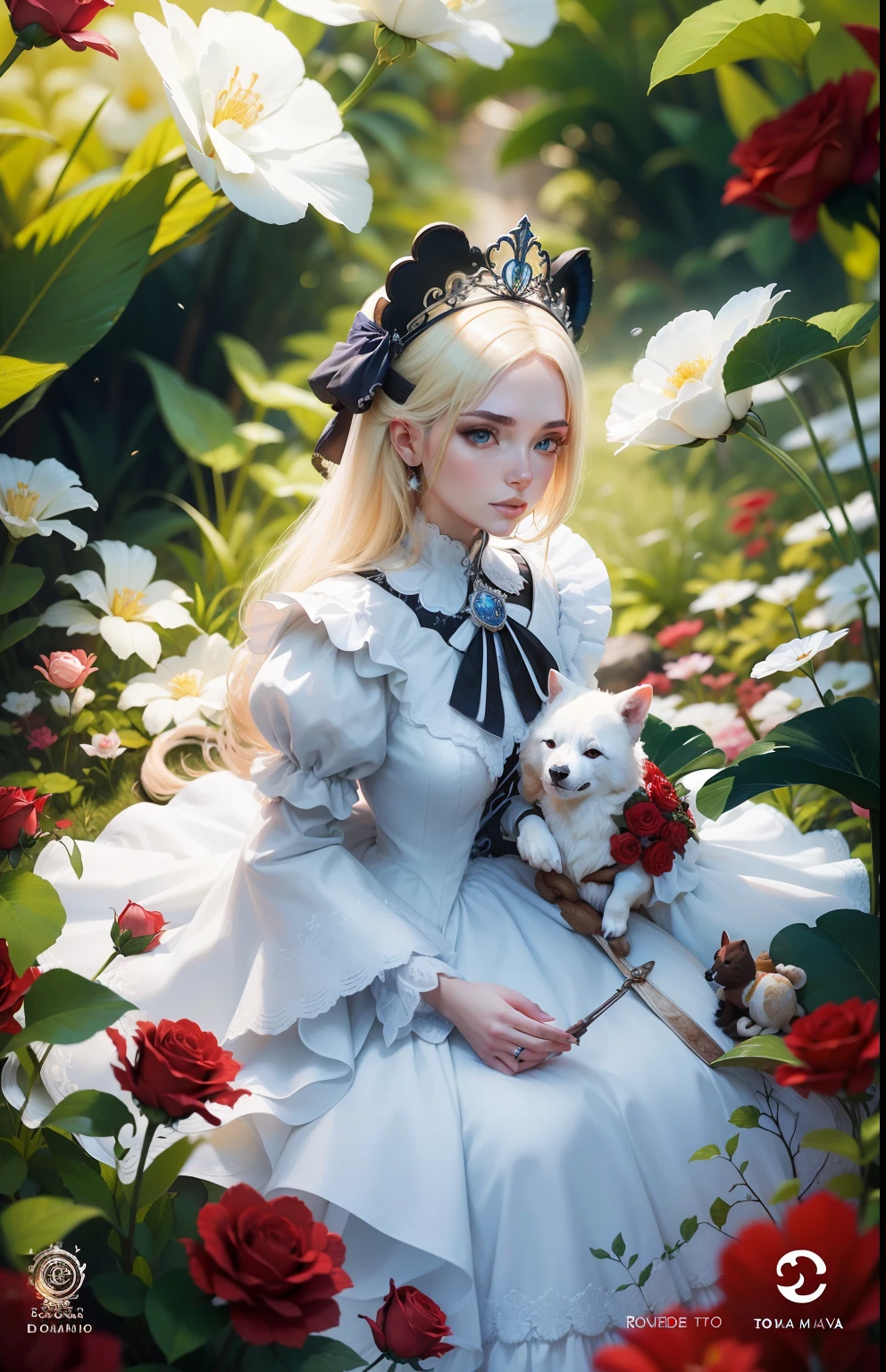 melhor qualidade, Excelente qualidade de imagem, 8k, master part: 1.2, ultra detalhado, garota linda, rosto de porcelana, cabelo blond, olhos azuis, tiara on head, roupa azul clara com rendas brancas, pintura de personagem bonita, animal coelho branco ao lado, animal coelho branco com cartola e roupa vermelha, rosas vermelhas ao redor, fundo com jardim, epic exquisite character art, Detalhes ultra-detalhados da roupa --auto