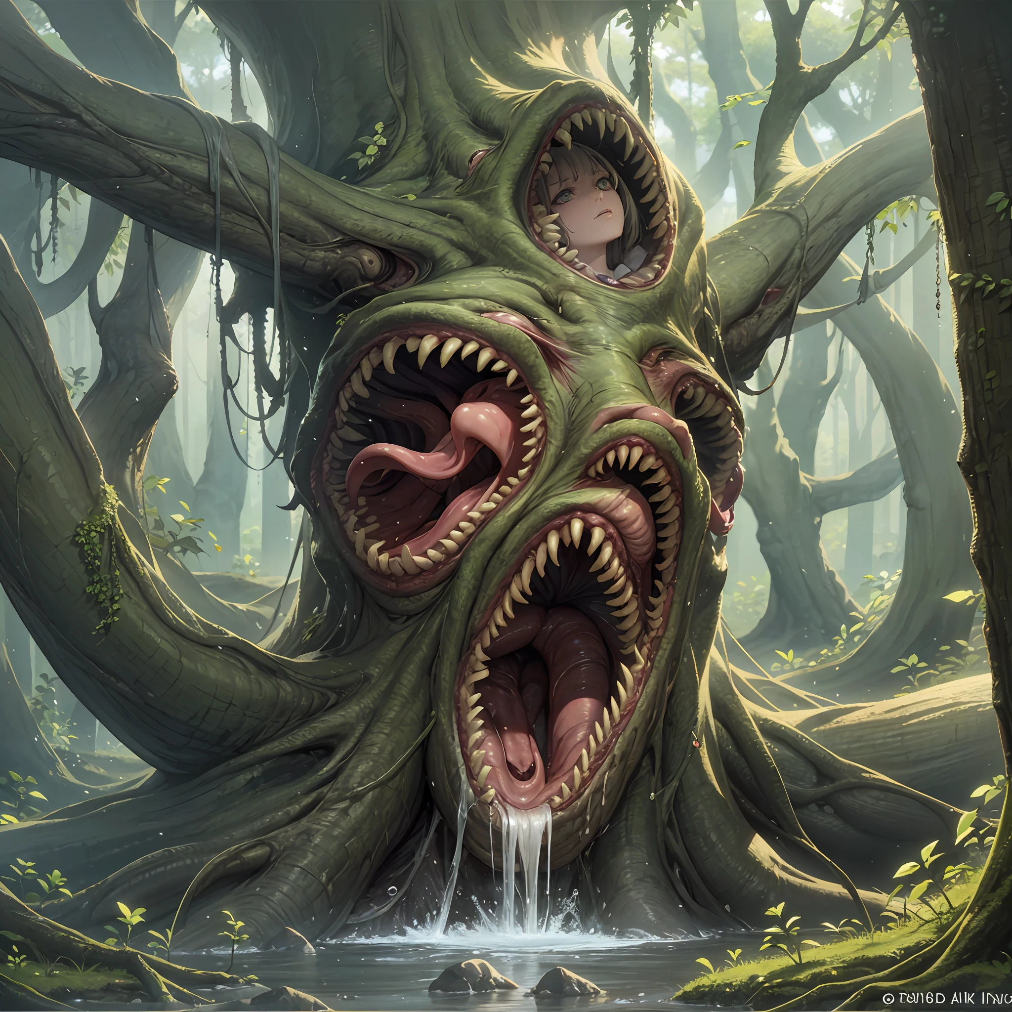 In the middle of a deep forest, A big tree, Embedded in an unnatural tree, entangled in ivy, Twist Arm, Twisted body, Swirling body, Deep in the forest, Assimilate with nature, japanes, Whole body, Faithful reproduction of a real human being, Very realistic, High quality, 8k resolution Photorealistic masterpiece