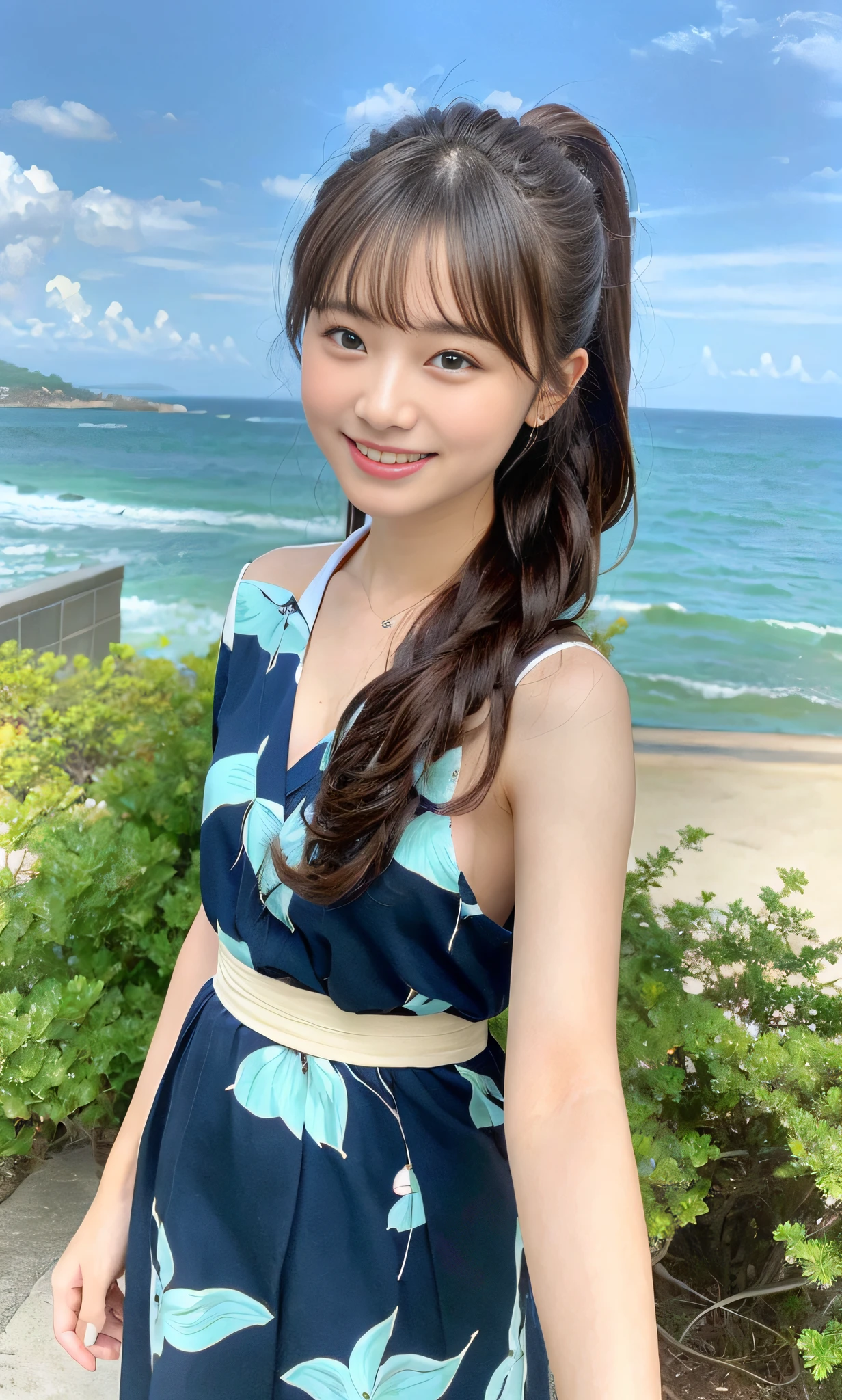(ultra best quality、超A high resolution、８ｋ、​masterpiece:1.3)、Beautiful Women in Perfect Figure:2、a blond、plain yukata、middle school girl、Age is１3 only、The whole body is in the viewer、The best smile、Beautiful scenery、On a hill with a view of the sea、sea side、blue-sky、Daytime Ocean View、Hairstyle is all back、