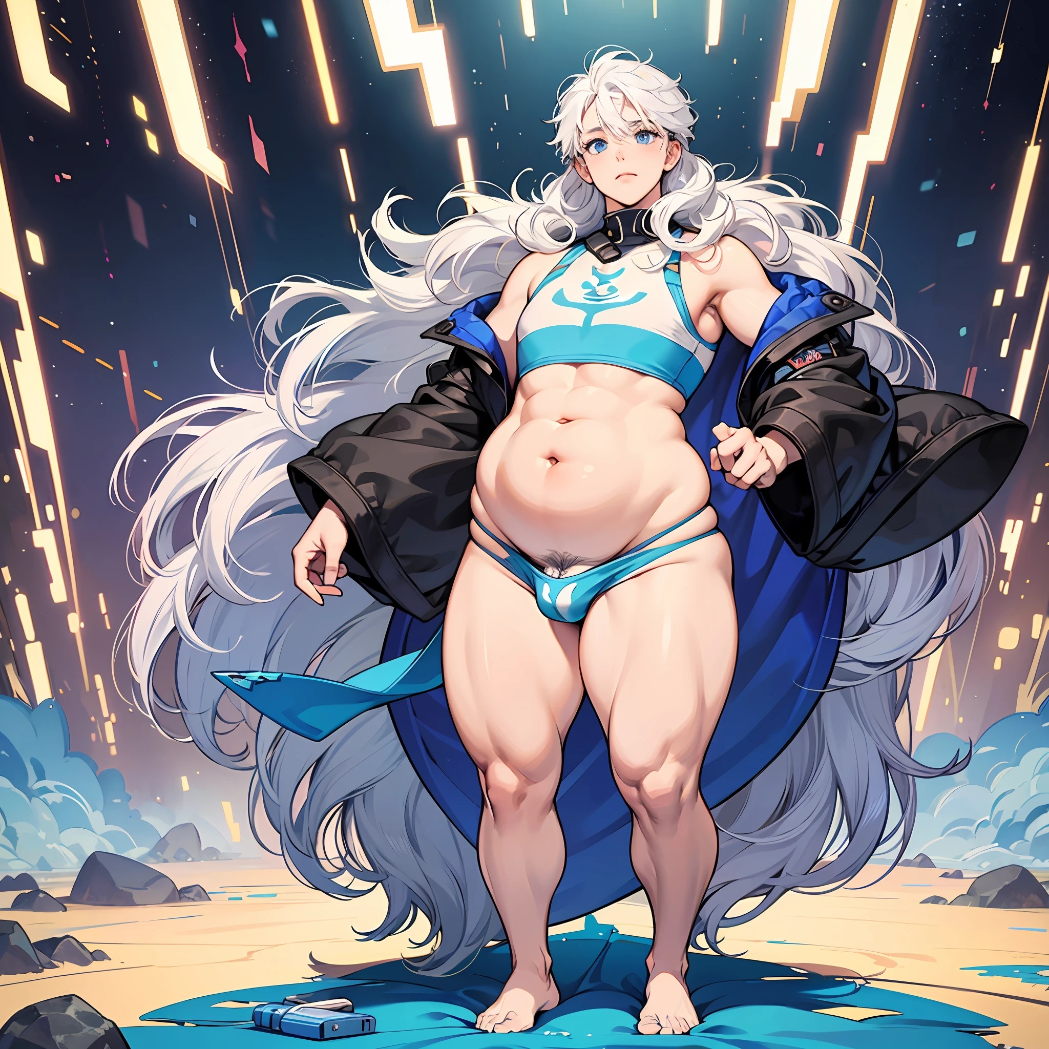 (masterpiece), best quality, expressive eyes, perfect face, 1 male, (fat), solo, Full body, precise proportions, femboy, trap, bulge, flat chest, androgenous, chubby, large stomach, huge stomach, big belly, belly, white hair, curly hair, fluffy hair, hair bangs covering one side of the face, blue eyes, flat chested, thick thighs, standing, huge ass, wide hips. --auto