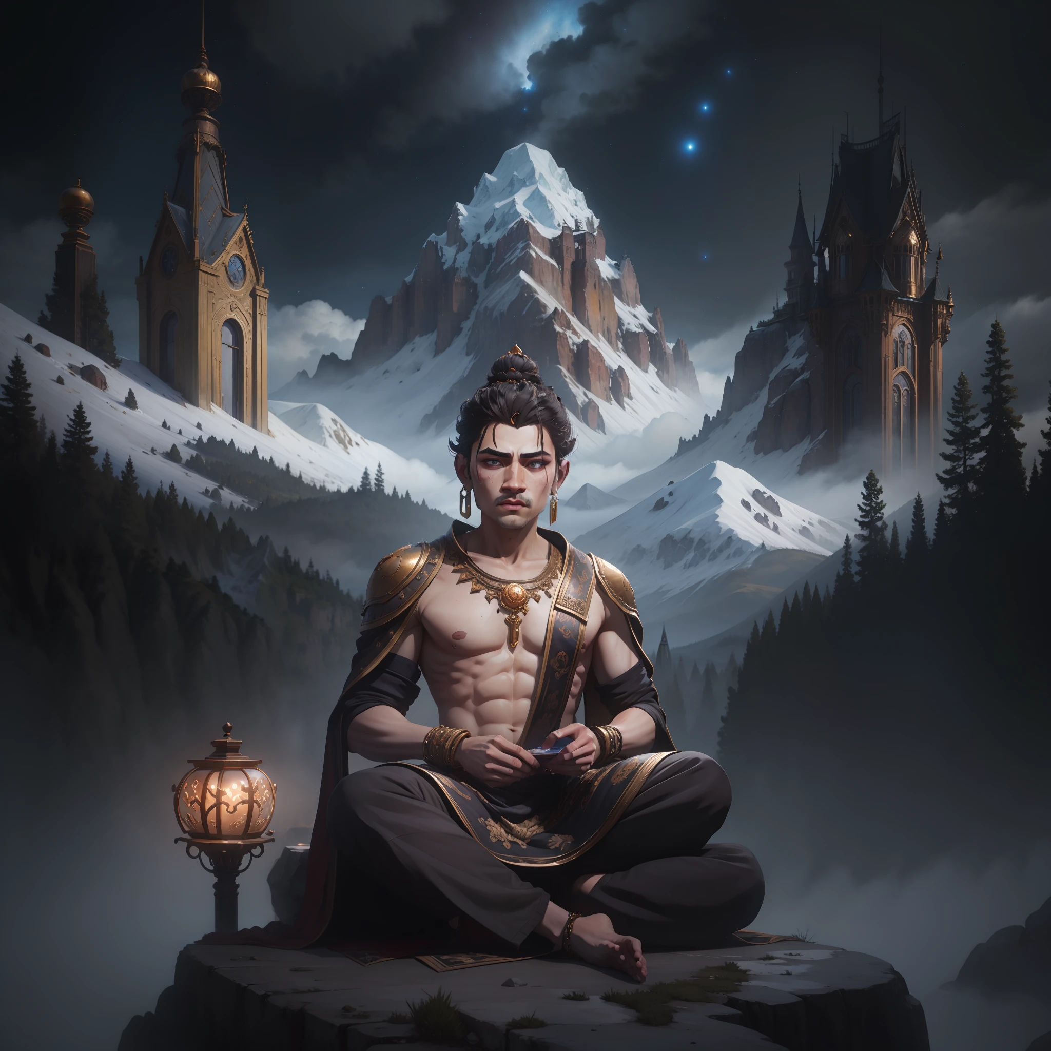 Buda sentado em estilo RPG, com detalhes ultra-realistas, Epic lighting and flawless shadows. The surrounding setting is from a fantasy world, com castelos imponentes, majestic mountains and a starry sky. Buddha's clothing is elegant, com cores vibrantes e detalhes intricados. Seu olhar sereno transmite sabedoria e tranquilidade.