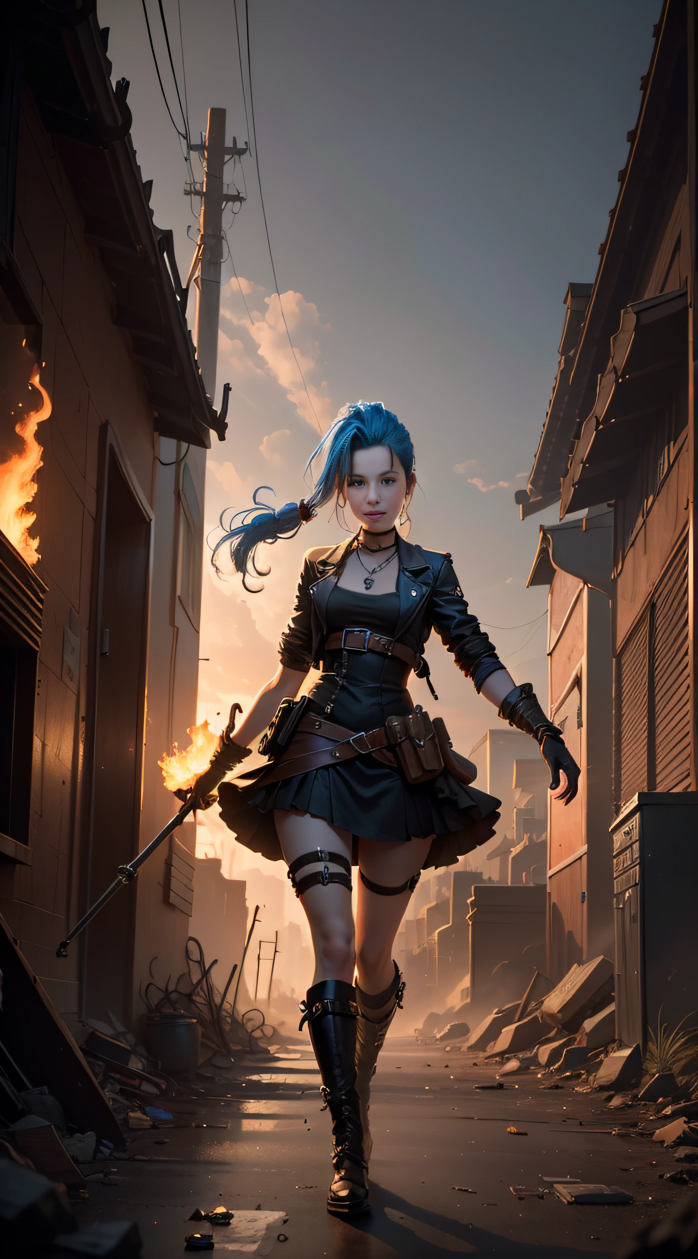 ((Best quality)), ((masterpiece)), (highly detailed:1.3), 3D, arcane style,In the dark and gritty dystopian city Piltover, plagued by violence and divided into two opposing factions, a young prodigy named Jinx emerges. Having endured unimaginable loss and abandonment, she has embraced a life of chaos and destruction. Known for her inventive and explosive abilities, Jinx becomes an icon of rebellion against the oppressive forces controlling the city. However, haunted by guilt and battling inner demons, she must confront her past and decide whether to continue down the path of anarchy or seek redemption amidst the turmoil. Explore the journey of Jinx as she navigates a treacherous world, fighting for survival, unraveling secrets, and discovering the true meaning of her twisted existencechaos reigns supreme, and at the heart of it all is Jinx, the embodiment of unpredictability. Delve deep into the twisted mind of Jinx, exploring the origins of her madness and the driving force behind her destructive nature. Unveil the moments that shaped her into the deranged and iconic character we know. Take us on a wild journey through the vibrant streets of Piltover and the grim underbelly of Zaun as Jinx wreaks havoc with her explosive arsenal. Can redemption ever find its way into Jinx's fractured soul? Or will she forever dance on the edge of sanity, embracing the chaos that fuels her very existence? The fate of Arcane hangs in the balance as Jinx's path intertwines with unlikely allies and formidable foes. Ignite your imagination and paint a vivid portrait of Jinx's twisted psyche, capturing the essence of her madness and the untamed spirit that defines her,HDR (High Dynamic Range),Ray Tracing,NVIDIA RTX,Super-Resolution,Unreal 5,Subsurface scattering,PBR Texturing,Post-processing,Anisotropic Filtering,Depth-of-field,Maximum clarity and sharpness,Multi-layered textures,Albedo and Specular maps,Surface shading,Accurate simulation of light-material interaction,Perfect proportion