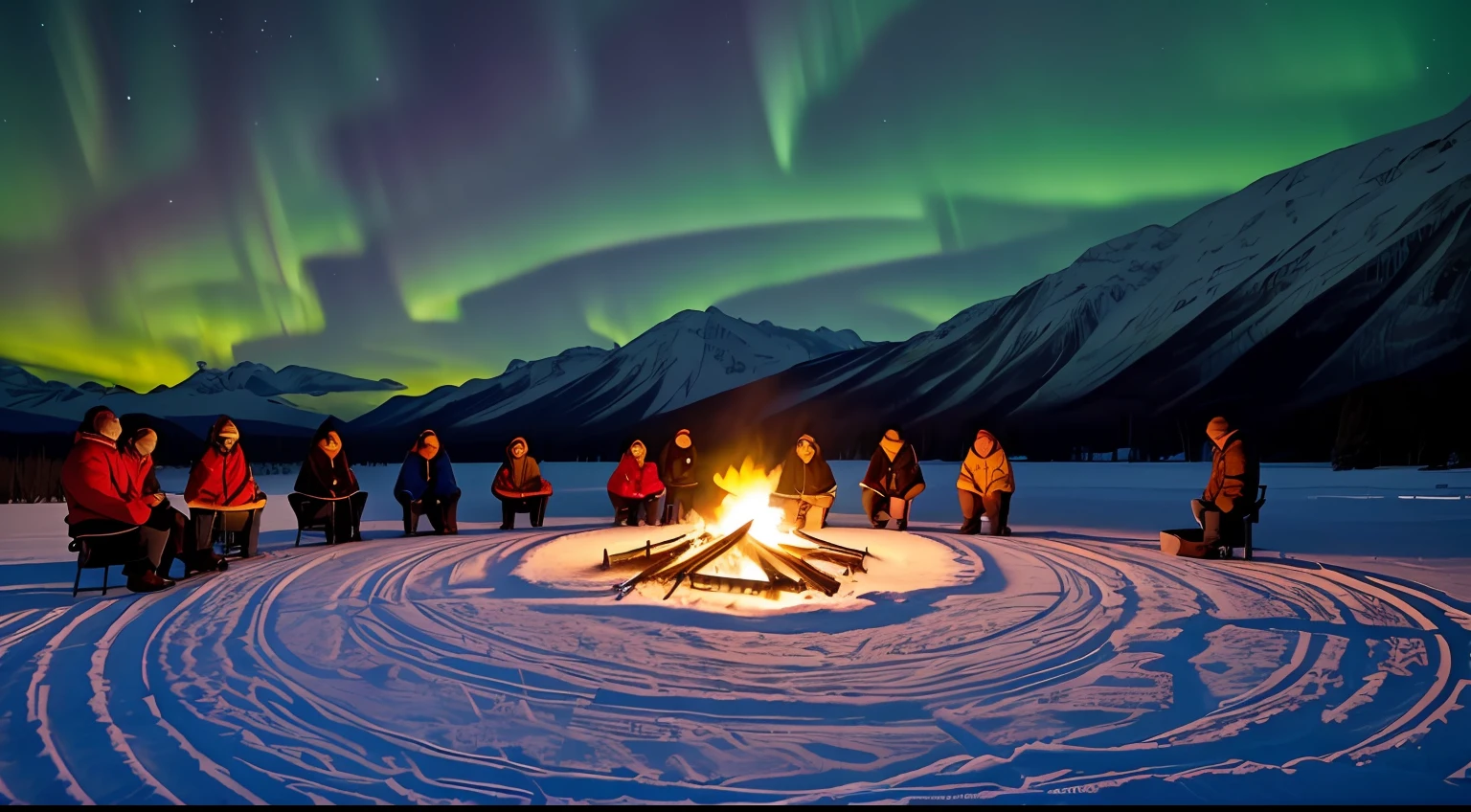 indigenous people on the ice with a bonfire in the middle, aurora boreal, polo norte, ancient civilisation, highes definition, personagens perfeitos.