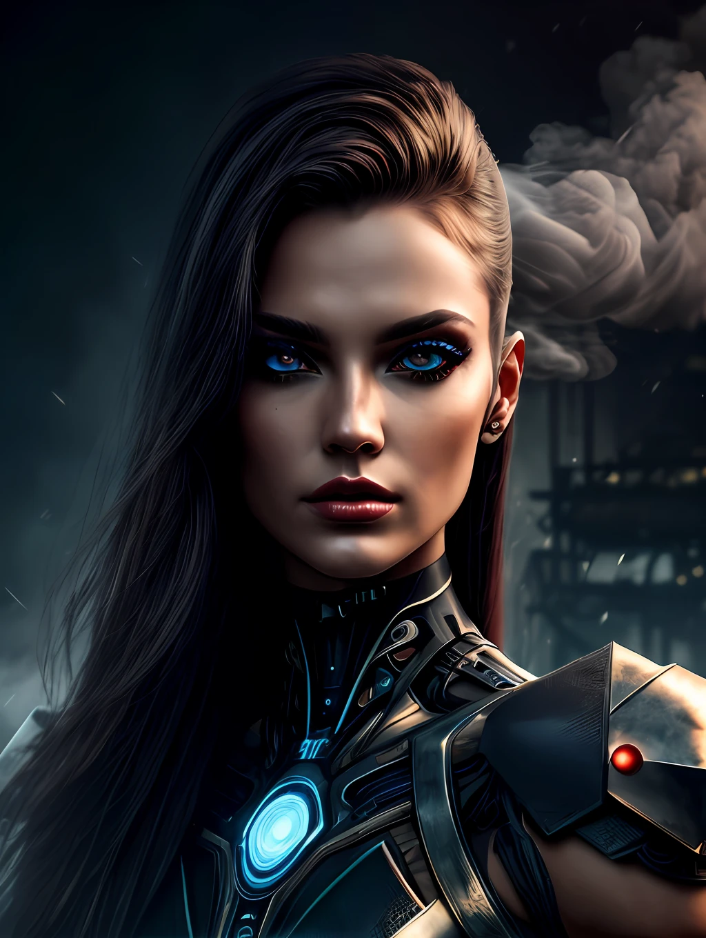 a beautiful woman cyborg warrior in the Style-RustMagic, cyberpunk augmentation, cyberware, cyborg, carbon fiber, chrome, implants, metal skull, cyber plate armor, (dark atmosphere:1.2), (fog & smoke), (dark night:1.3), scars, (dark medium length disheveled hair:1.1), (eyeshadow:1.1), (beautifully detailed glow:1.2), (Cinematic lighting), intricate detail, highres, rounded eyes, detailed facial features, sharp focus, smooth, aesthetic, detailed dark industrial factory background, stylish pose, dynamic pose, (dramapaint), (opt-6000:0.9)