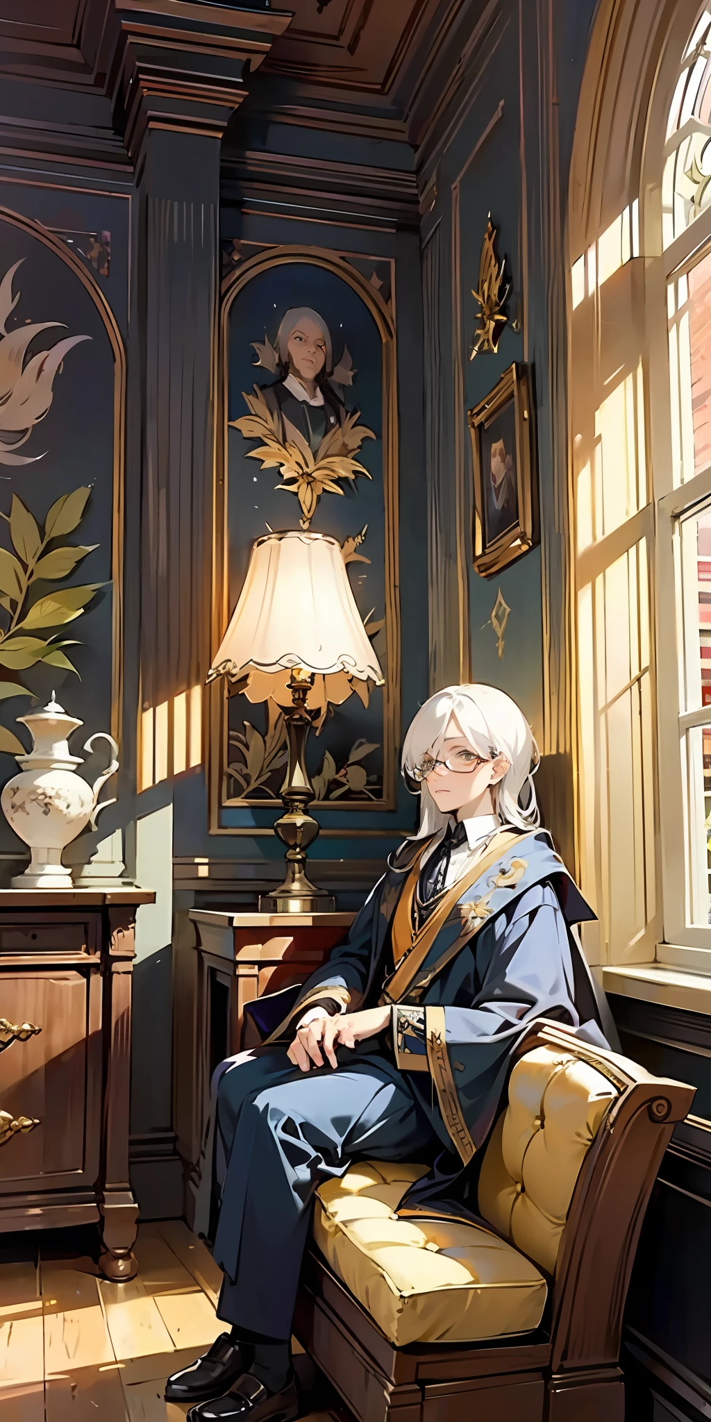((old wizard)), (elegantly dressed in western royal attire), , majestically seated on a black throne, against a lavish rwall backdrop, captured in a full body shot, library room background, white hair, one eye glass, wood table front of body