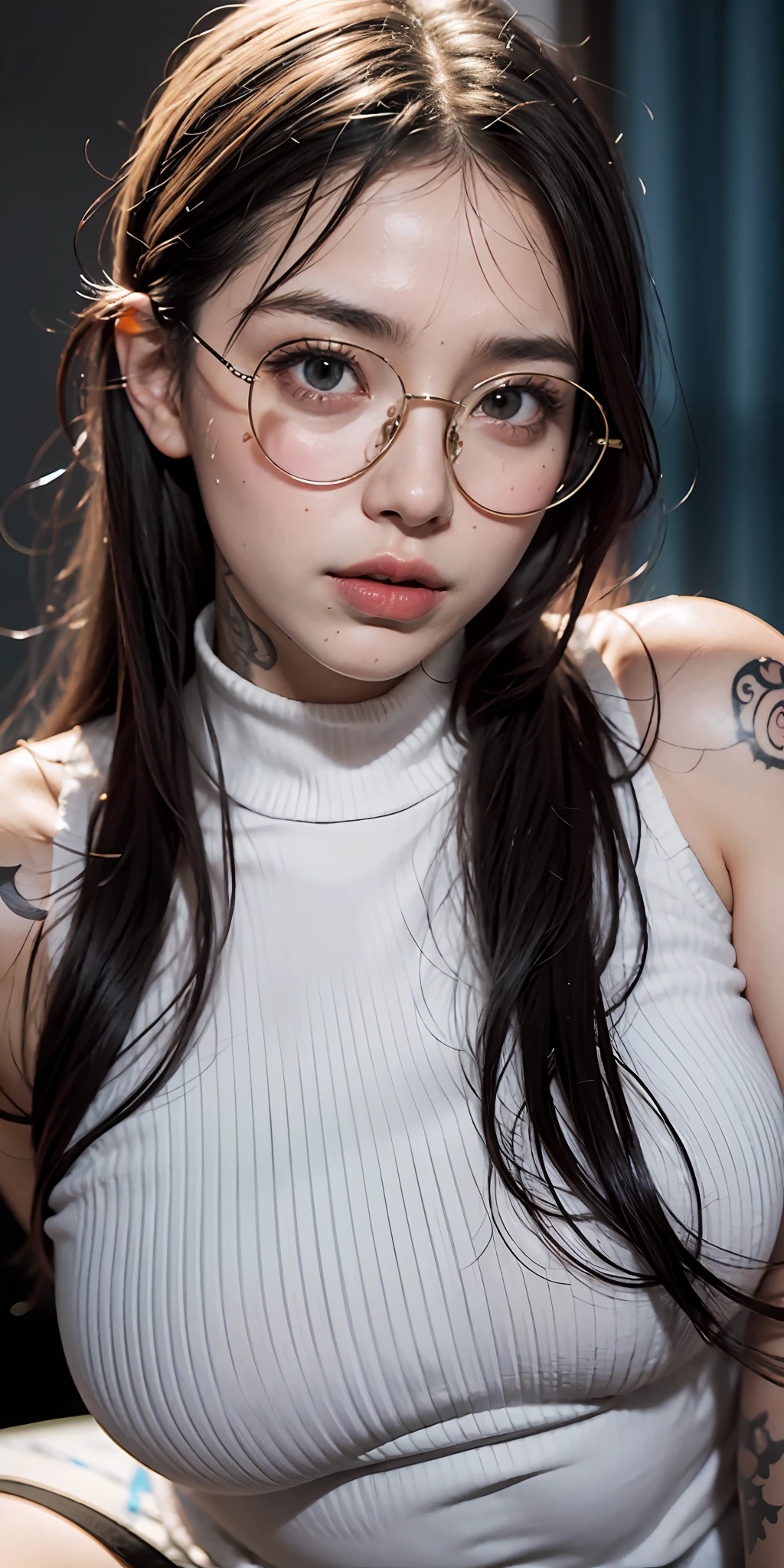 one-girl,circle glasses，Tattooed with， One-piece turtleneck white sleeveless sweater, Long white cotton socks, The lips are slightly open, Red-faced, Wet hair，Sweat all over the body，sit on a bed, crisp breasts, Convex buttocks, Grab your chest with both hands，Detailed background, Clothing details, perfectly proportioned, Multiple perspectives，filmgrain, Fuji colors, lightand shade contrast, tmasterpiece, high detal, high qulity, A high resolution, Cinematic lighting, 8K, Textured skin, Super detail