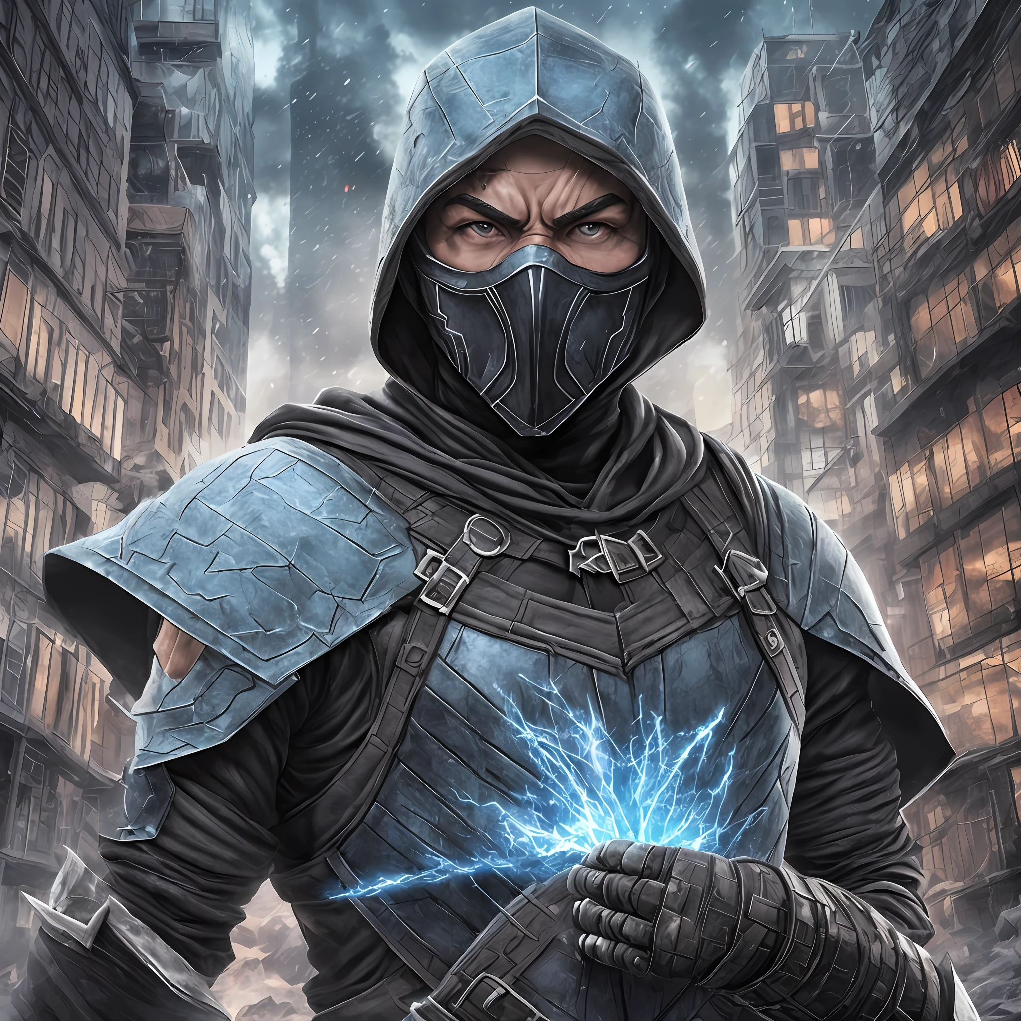 sub zero, mortal Kombat, cinematic, hyperrealistic, photo, blue armor, ice powers, black hood, ninja facemask, skin detailed, hdr, cinematography, ice city background