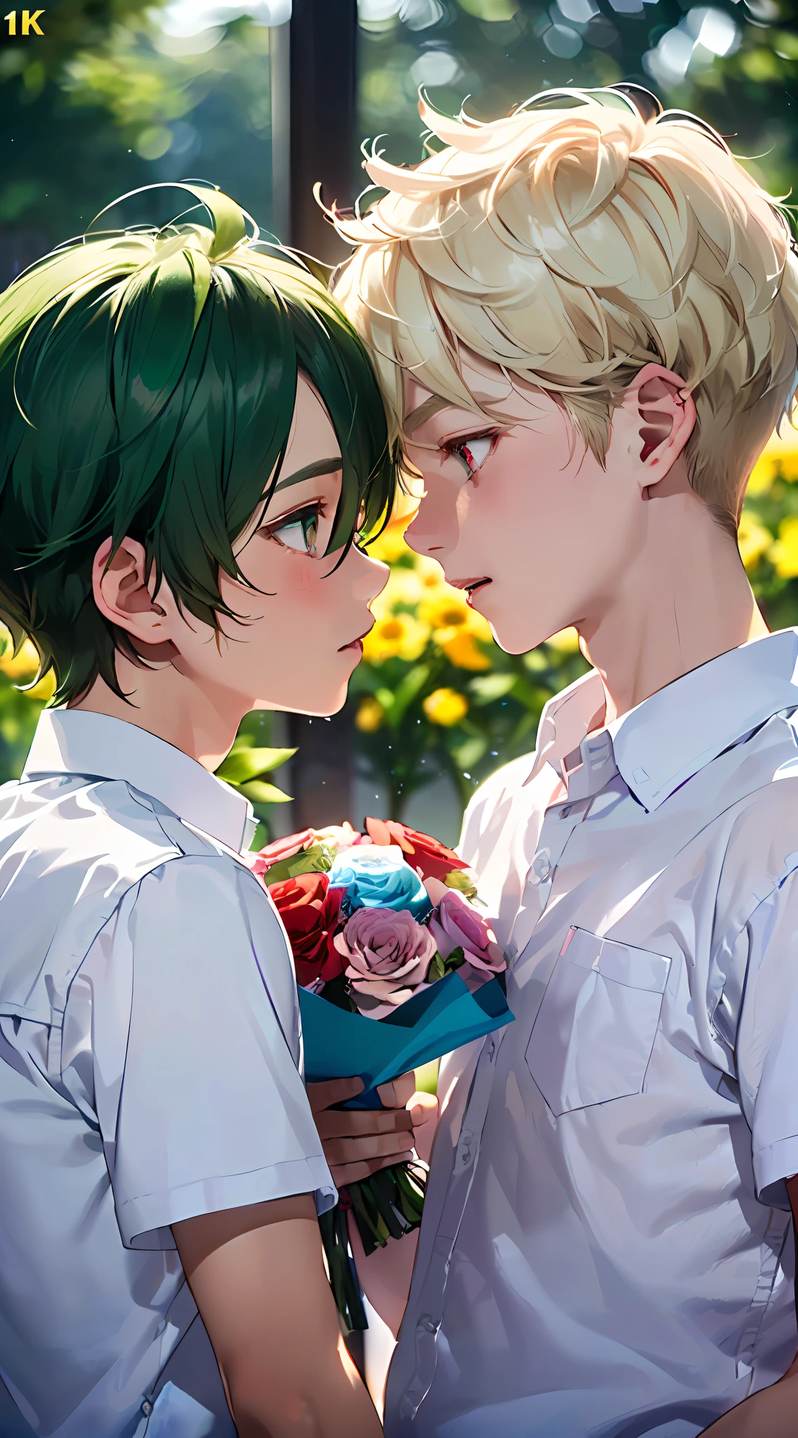 (top-quality:1.4、8K)、(-yeld gaouple facing each other:1.3)、(Cool Boy、Blonde spiked hair with red eyes and white shirt:1.2)、(Cute Boy、Short green hair and big eyes:1.2)、(Have a bouquet:1.4)、White shirt with short sleeves、校服、School Background、