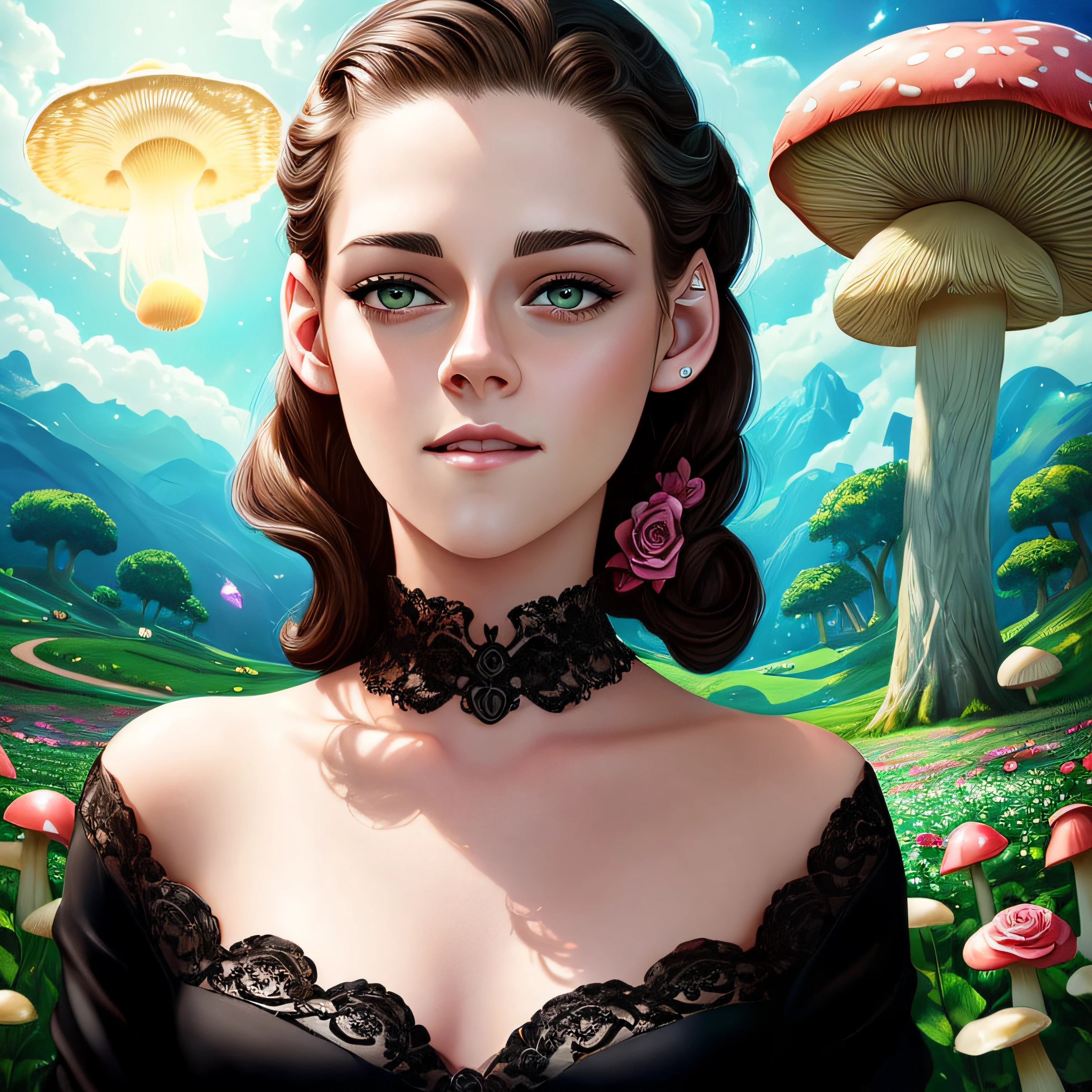 (((meio retrato))), (((there's Kristen Stewart who's smiling, staring at a mushroom field, she wears a sexy black dress; ))), (((A flying saucer is visible in the sky))), (((Background visible universe))), (((estrelas vermelhas sao visiveis no ceu))), (((it's at night))), Beautiful digital illustration, painting digital adorable, pintura realista da menina bonito, retrato bonito da arte da fantasia, retrato bonito da fantasia, bela arte digital, stunning digital illustration, a beautiful artwork illustration, Digital painting nice, lindo pintura digital, retrato da arte da fantasia, bela arte digital, (((usando brincos de rosas))), usando gargantilha com um pingente pequeno, em batom rosa