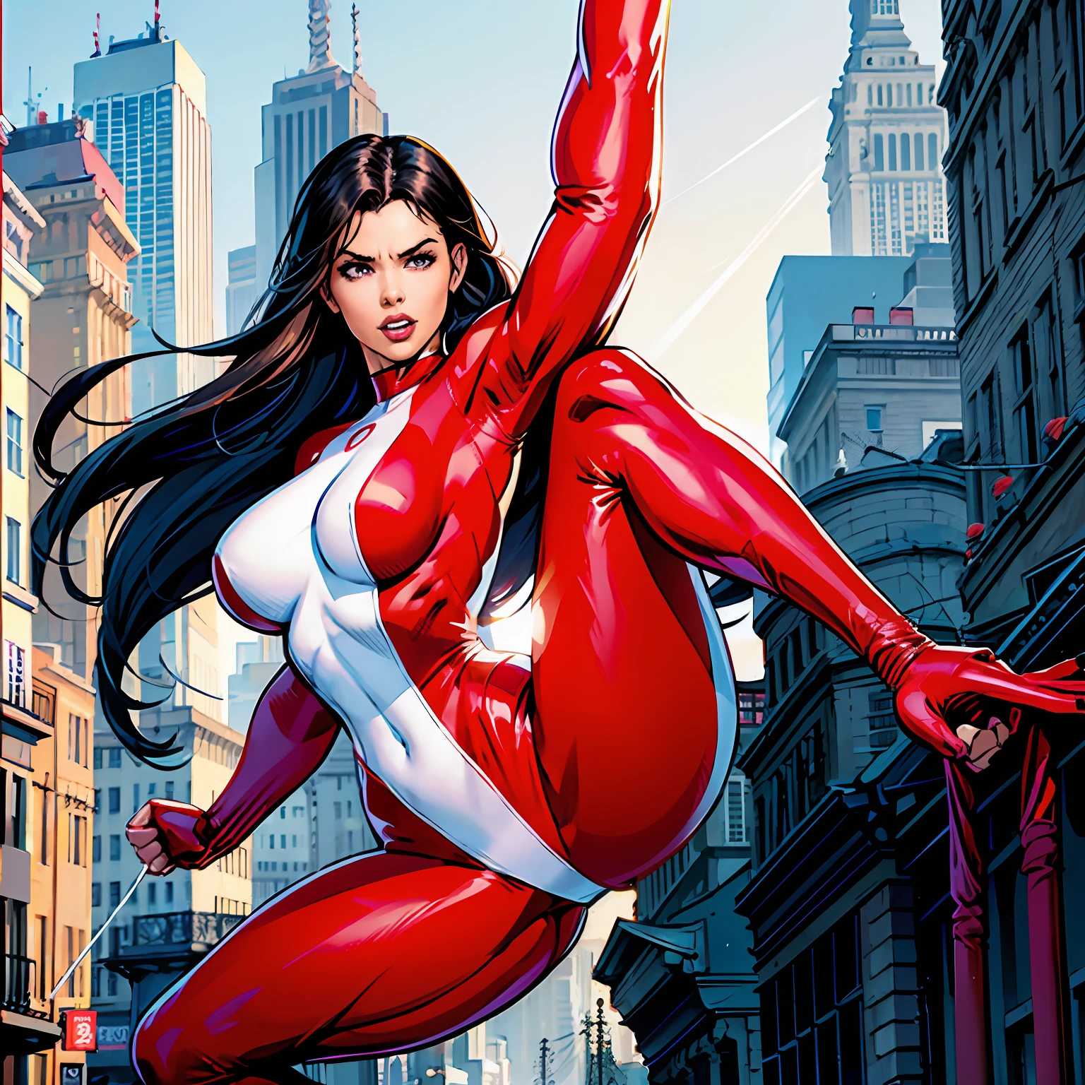 Stretcher comic book woman, happy, reaching out, ((((long arm)))), flexible, rubbery, elastic woman, white and red spandex, stretching powers, rubber body, brunette, huge breasts, city street, daytime, heroic, cheerful