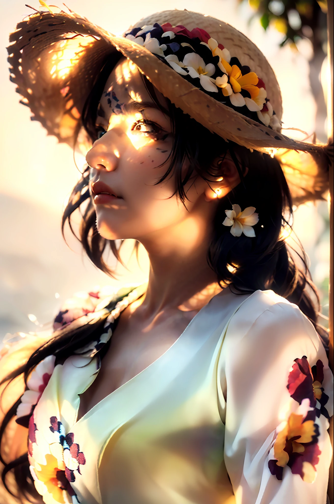 (extreme close up:1.5), (face focus:2),(Style of ???? ???:1.5),
((side face:2)),(1girl surrounded by soft_light:1.5), (backlighting:1.8), (lighting),(flowing fabric:1.3), ((Floral_summer_dress:1.5),(Straw_hat:1.3)),
(masterpiece), realistic, HDR, highly detailed, 8k, raw photo,
ambient occlusion, natural, harmonious composition, warm tones, fine art photography,