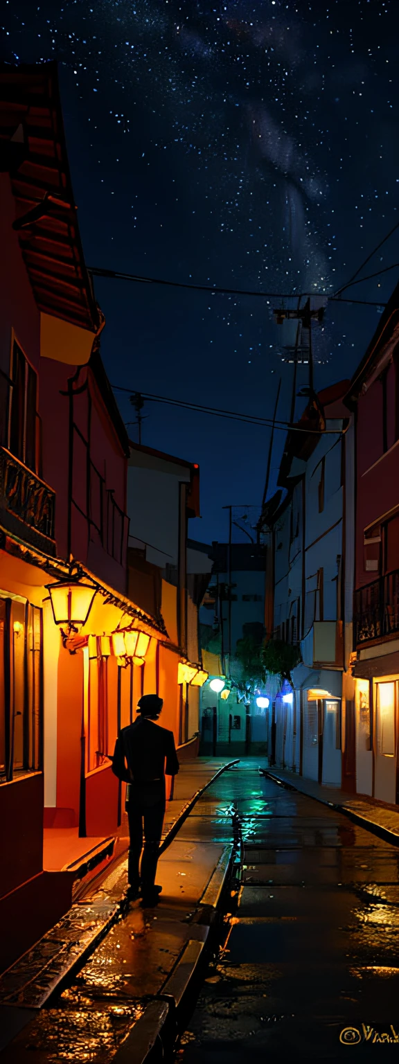 fotografia de paisagem expansiva, (a side view that shows the sky above and the city center below), a boy standing in the middle of the street looking at the corner where an elderly gentleman is standing, o idoso tem cabelos brancos, centro de uma cidade igual londres de 1800, (lua cheia: 1.2), (estrelas cadentes: 0.9), (nebulosa: 1.3), montanha distante , BREAK tree production art, (fonte de luz quente: 1.2), (Firefly: 1.2), lamp, muito roxo e laranja, detalhes complexos, volumetric lighting BREAK (obra-prima: 1.2), (melhor qualidade), 4k, ultradetalhado , (dynamic compositing: 1.4), detalhes coloridos altamente detalhados (cores iridescentes: 1.2), (bright illumination, Atmospheric Illumination), sonhador, magica, (solo: 1.2)