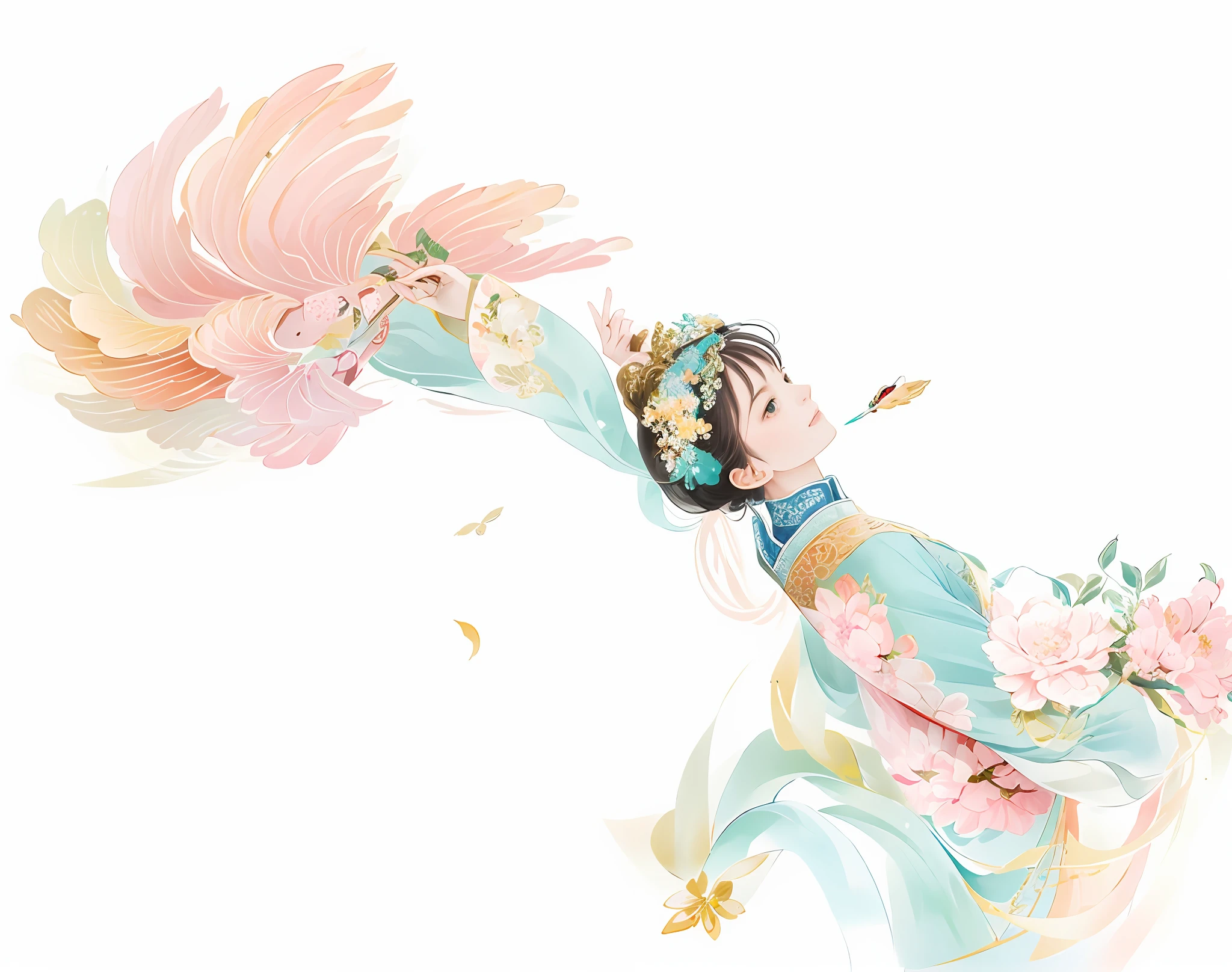 A flying fairy in Han clothes，Delicate silk，Floral motifs or traditional embroidery，The charm of traditional Chinese culture，Light flying，Noble and elegant temperament，Bright and smart eyes，Gorgeous hair accessories or coiled hairstyles，Handheld a fan or embroidered handbag