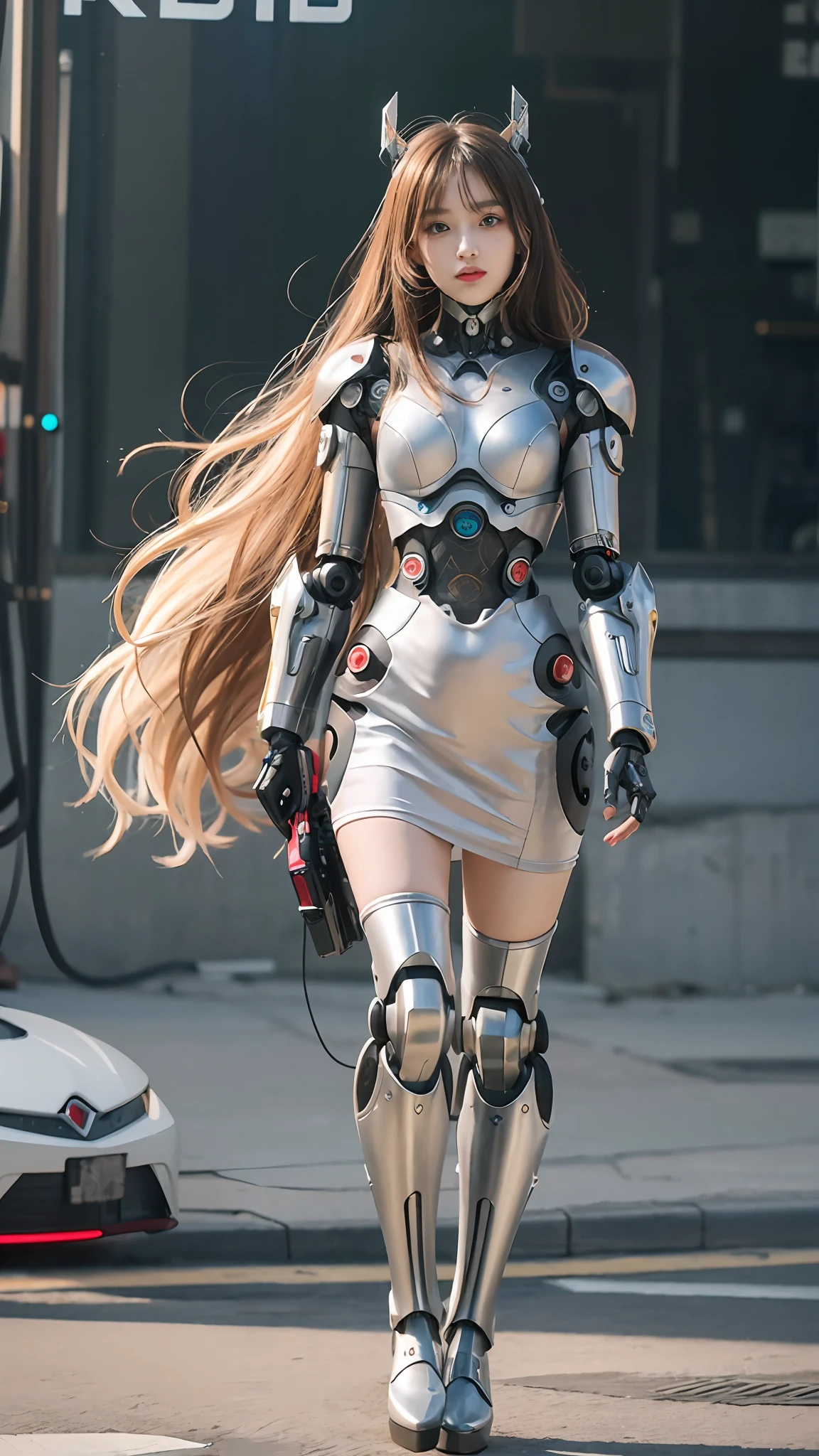 A woman in a white dress holds a camera and a camera, girl wearing robotic suit, cyberpunk anime girl mech, fashionable cyberpunk mechanoid, wearing techwear and armor, perfect anime cyborg woman, girl in mecha cyber armor, porcelain cyborg armor, Mechanized Valkyrie girl, anime robotic mixed with organic, Fully robotic!! Girl, female cyberpunk anime girl, cyborg - girl