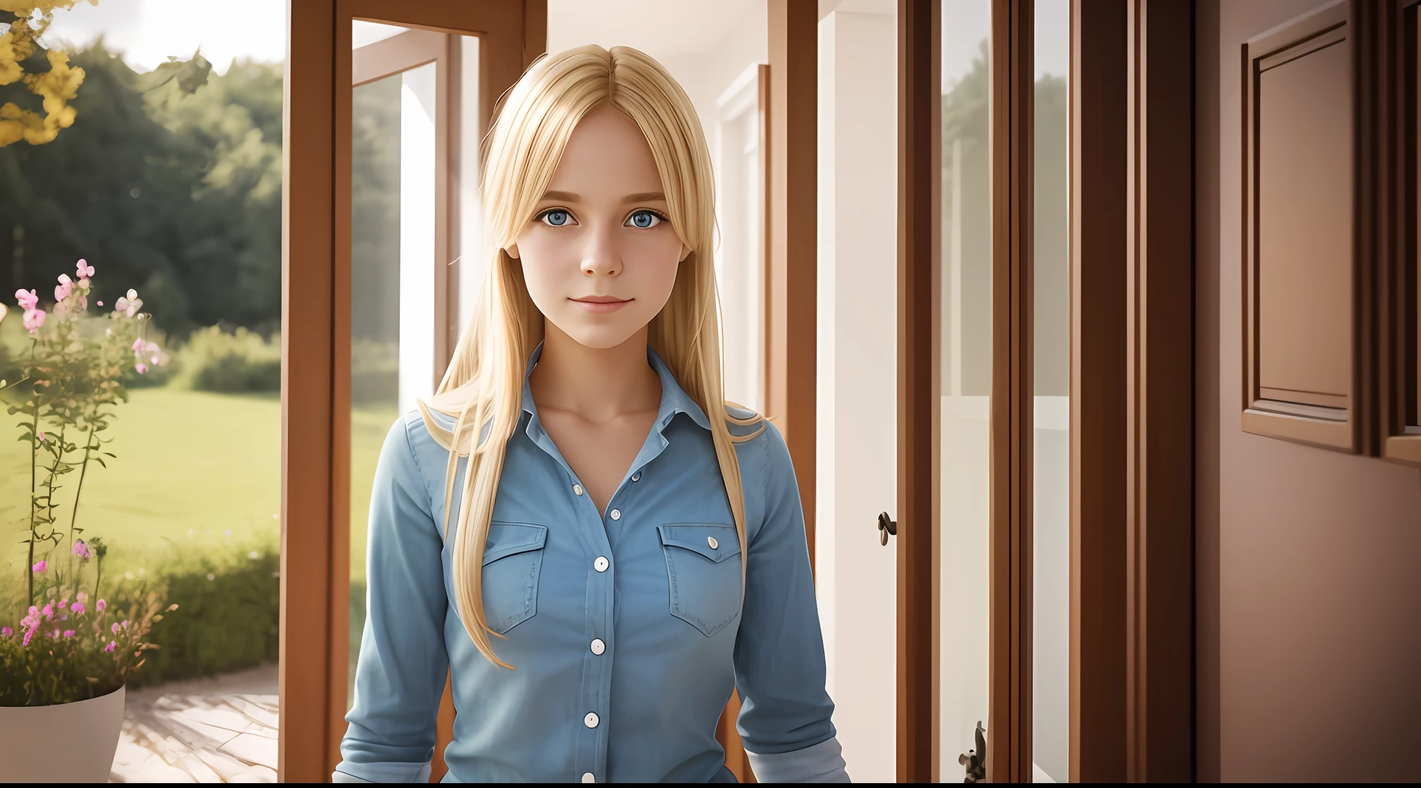 one german young girl, blond hair, standing, home, dressed, photorealistic, facing, close --auto