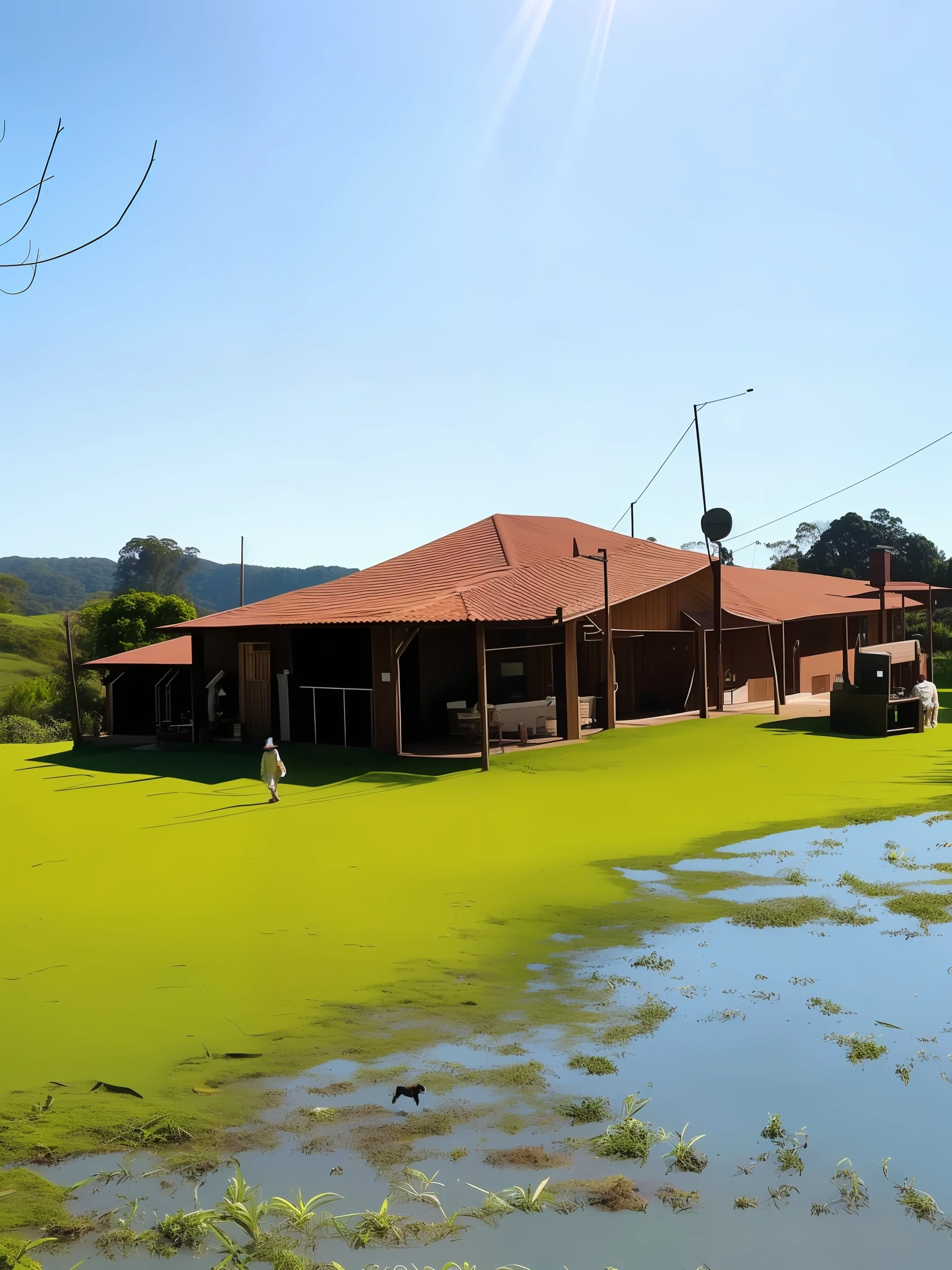 There is a dog that is walking on the grass near a house, Directed by: Willian Murai, Directed by: Samuel Silva, Directed by: CeFerí Olivé, ao lado de uma casa de fazenda e um celeiro, Malika Favre, Quinta, by Rodolfo Amoedo, Casa colonial no fundo, farm land, Directed by: Fernando Gerassi, cabana, Completo - Vista, um logoazul do lado da casa, blue skies