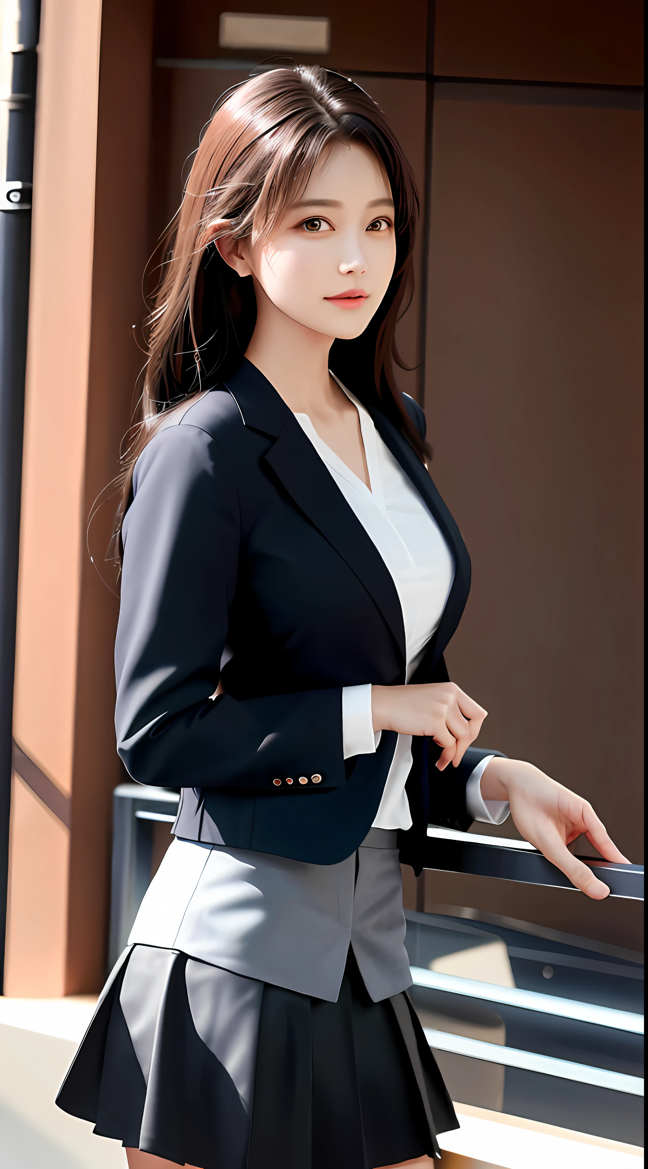 best qualtiy, tmasterpiece, 1girll, beauitful face, (photograph realistic:1.3), edge lit, (highdetailskin:1.2), 8K UHD, digital SLR camera, high high quality, A high resolution, 4k, 8k, bokeh, absurderes, Optimal proportions of four fingers and one thumb, (realisticlying:1.3), Cute 1girl, Wearing a black formal blazer, Large breasts,no underwares,The are clearly visible, short skirt,