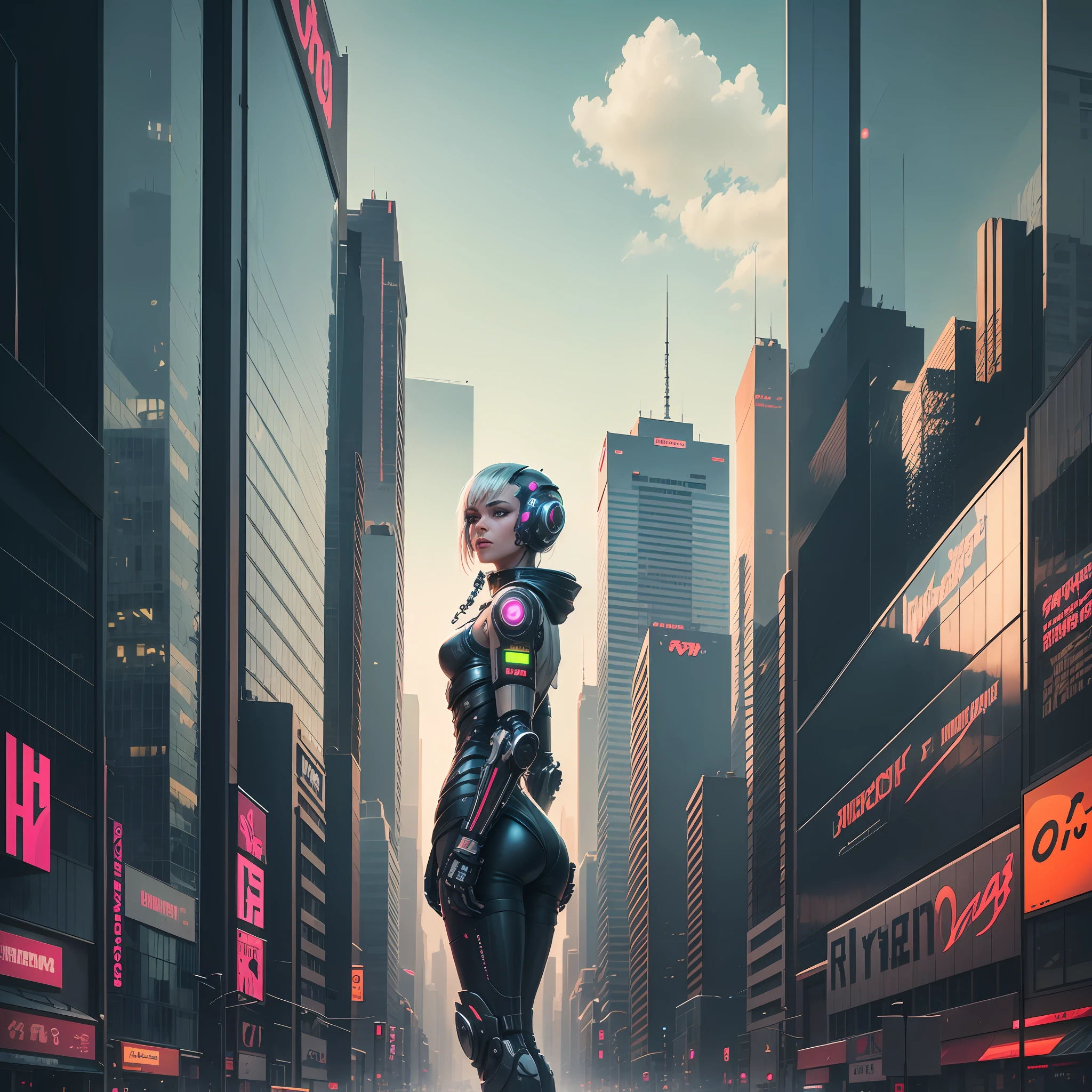 Cyberpunk style architecture,Pedestrians on the road are a combination of man and machine,There was a beautiful robot looking back --auto --s2