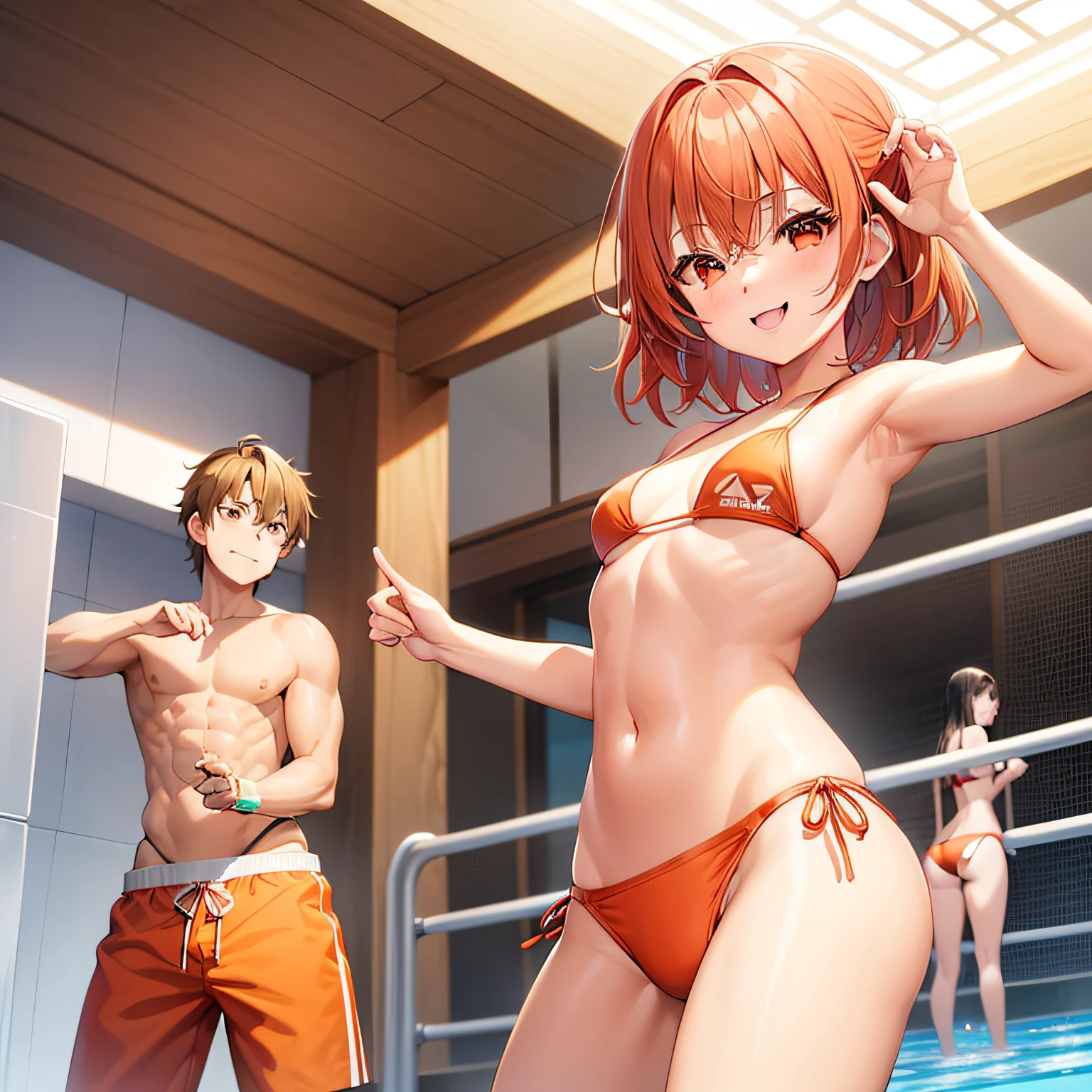 1girl in, {{{{Yu Kitazawa}}}}, {Band Dream!}, Orange hair, Red Eyes, Short hair, Small breasts,Orange high-leg micro bikini、(Orange wrestling shoes)、Indoor pool、Stand on a pool float、directly in front、is standing、Happy smile、Raise your right hand high、Energetic daughter、(The Boy Next Door)、(Bikini pants)、(A muscular boy is next to him)