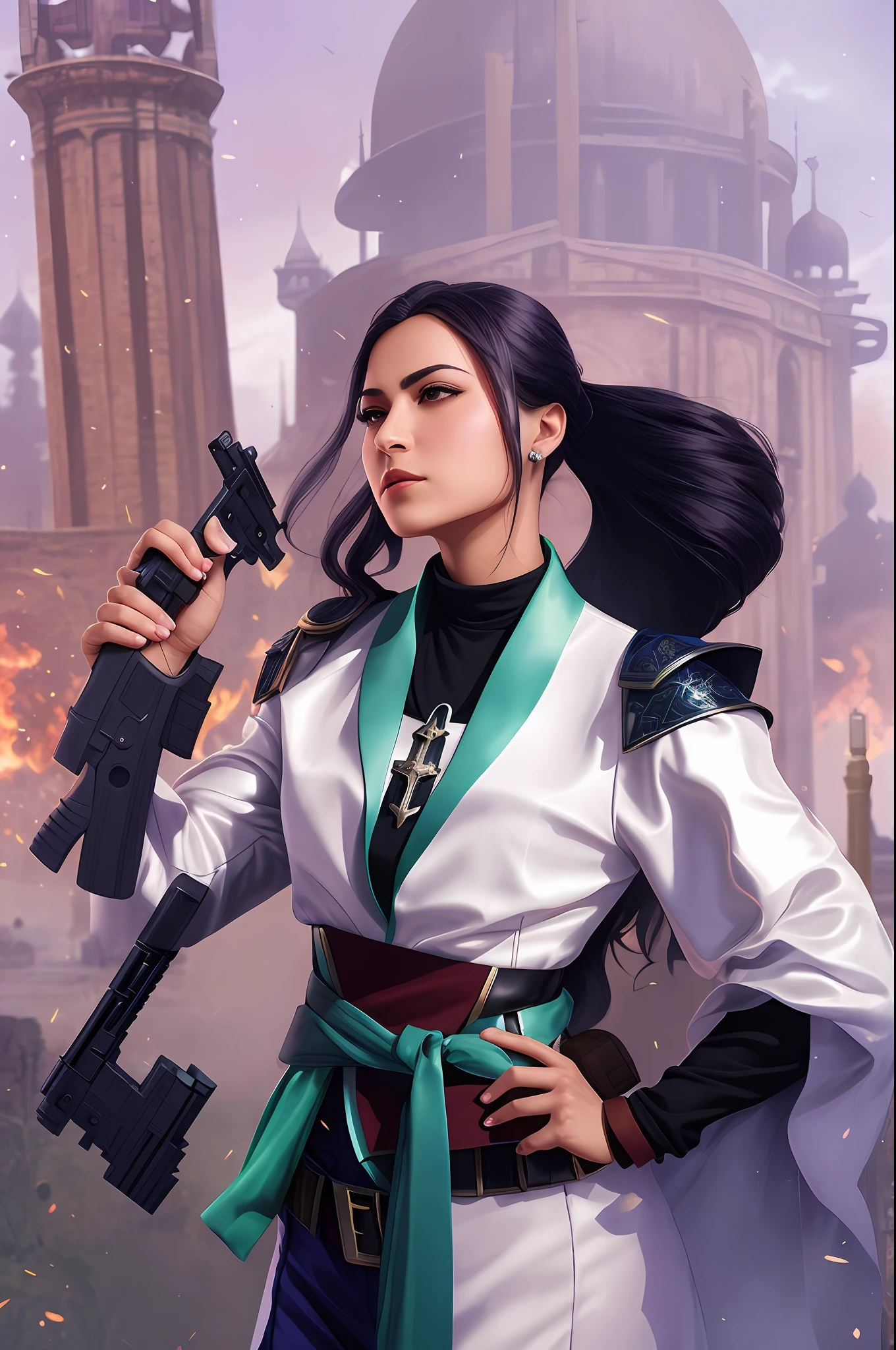 A woman who is，Close-up of a woman holding a gun and a magic ball, Brave character, Kushatt Krenz Key Art Women, , Fearless saint，The role of the Fearless， Valorante，