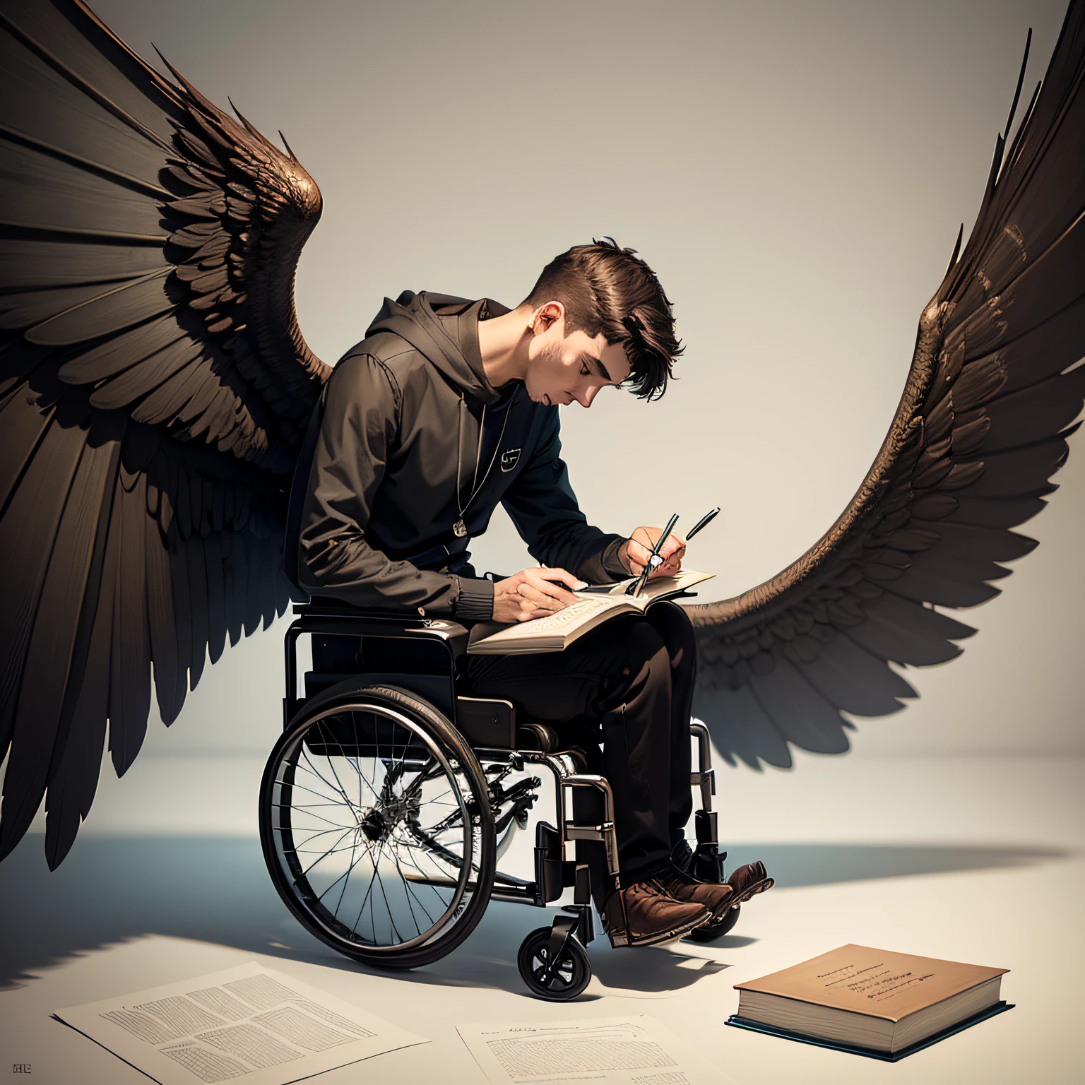Young man in a wheelchair writing, above a giant book with wings,, line art --auto